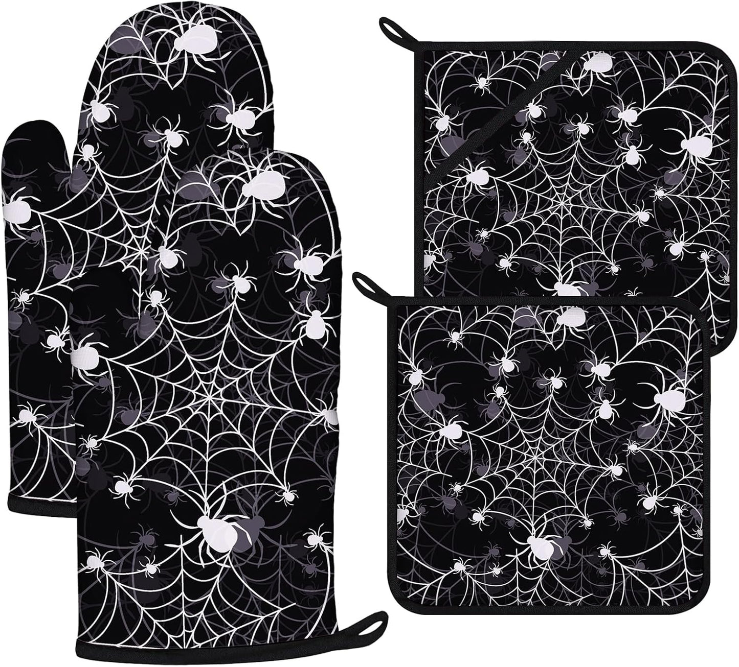 Spider Web Oven Mitts and Pot Holders Sets 4Pcs,Extra Long Oven Gloves Potholder for Kitchen Cooking Baking BBQ 100% Cotton Heat Resistant