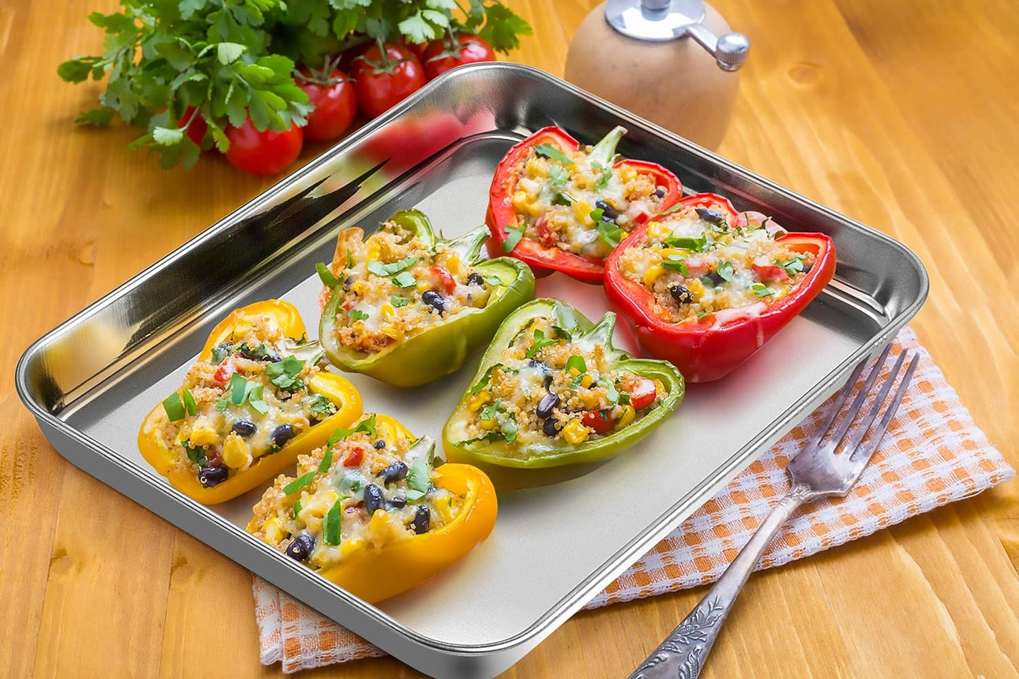 P&P CHEF 10.5 Inch Baking Cookie Sheet, Oven Pan Tray Stainless Steel Sheet Pan for Kitchen, Oven Bakeware for Multi Uses, Shiny Look & Dishwasher Safe, Healthy & Heavy Duty, 4Pcs