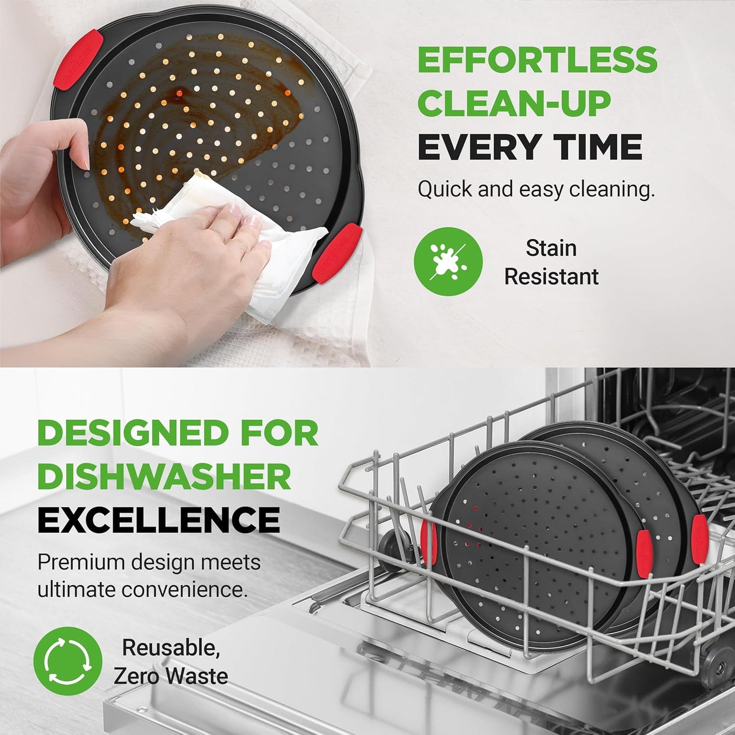 NutriChef 2-Piece 13-Inch Nonstick Pizza Tray, Round Carbon Steel Non-Stick Pizza Baking Pan with Perforated Holes, Premium Bakeware Pizza Screen with Silicone Grip Handles, Dishwasher Safe, NCBPIZX2