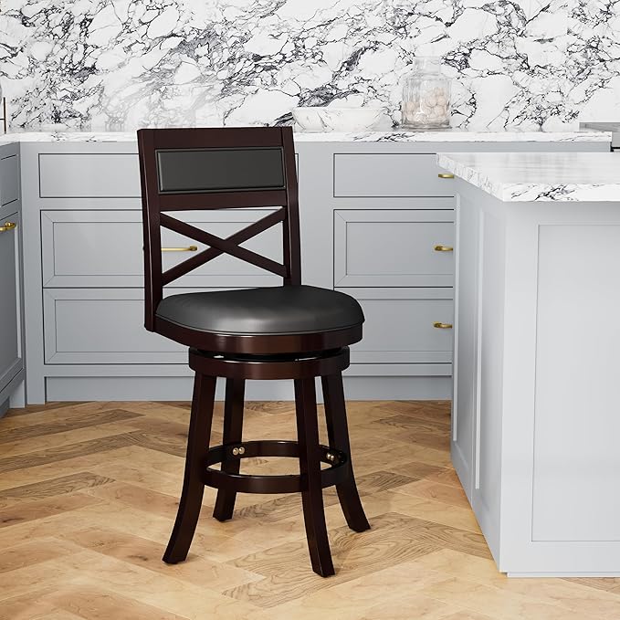 DTY Indoor Living Meeker 24 Inch Counter Height Bar Stools with Backs - Wooden Swivel Counter Stools for Kitchen Island - Black Leather Seat, Solid Wood Frame, Espresso Finish