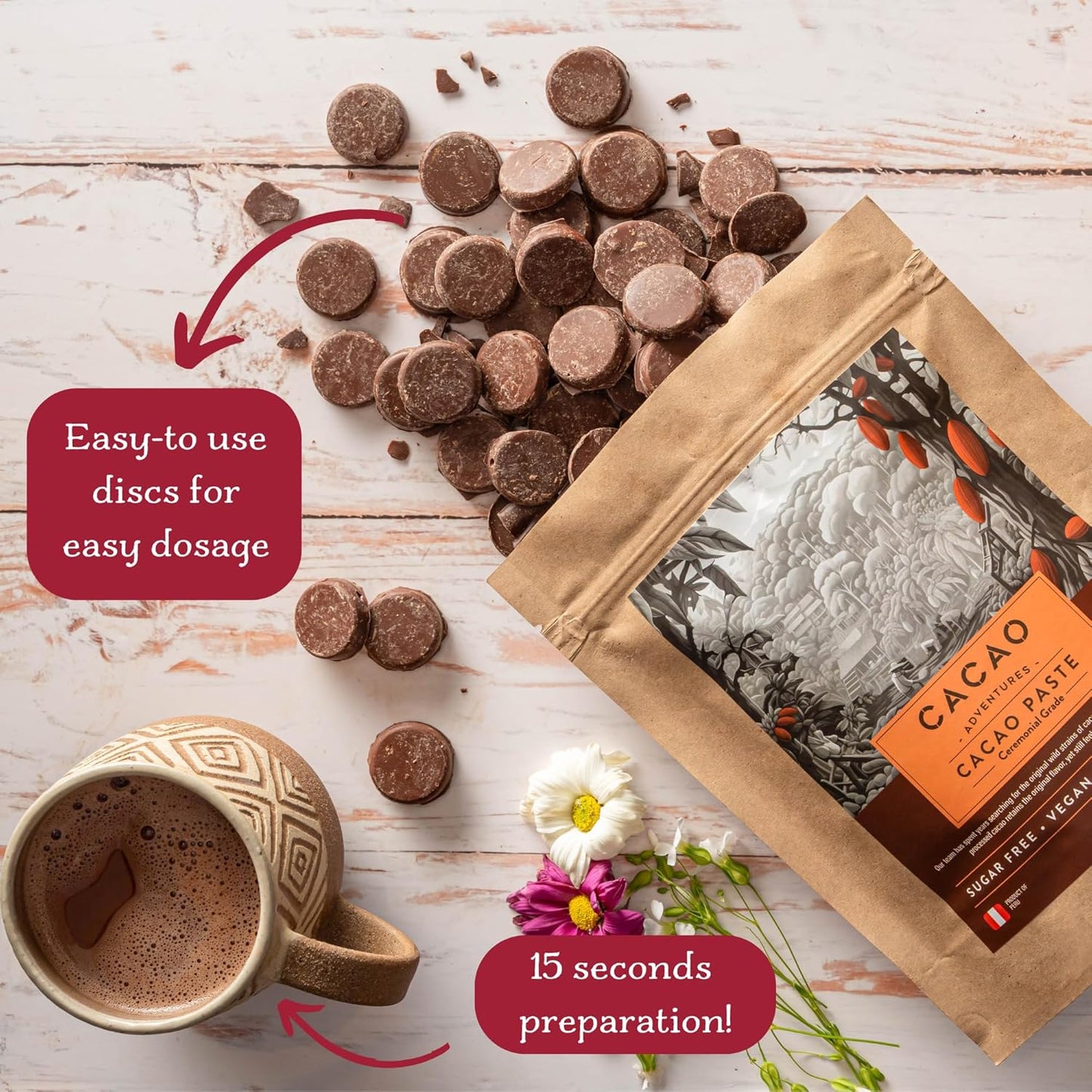 Cacao Adventures Ceremonial Grade CacaoDairy Free & Vegan | Unsweetened | Ethically sourced and sustainably grown | Vegan Peruvian Cacao Ceremonies, 1 Pound (Pack of 1)