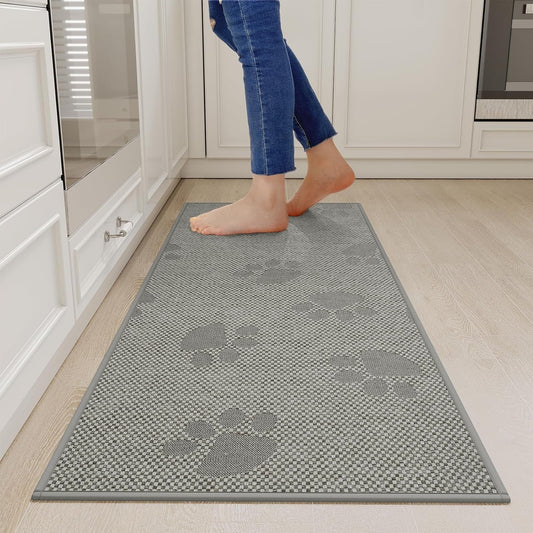 Kitchen Mats for Floor, Super Absorbent Kitchen Rugs Non Slip Washable, Rubber Backing Soft Woven Linen Embroidery Runner Rug, Standing Mat Kitchen Sink Mat, Easy to Clean, Gray 17x47