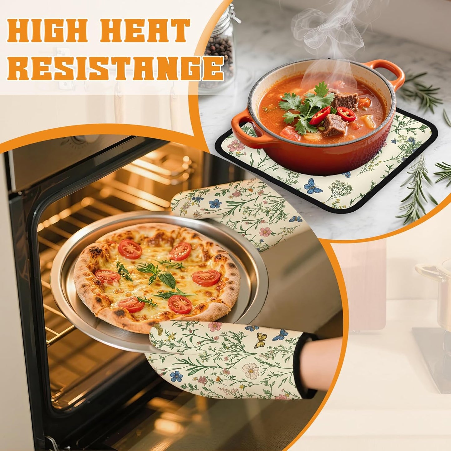 Wildflowers Oven Mitts and Pot Holders,Vintage Garden Plants Herb Flower Botanical Heat Resistant Oven Mitts Gloves and Pot Holder for Home Kitchen Decorations Cooking Baking BBQ Gifts,Set of 4