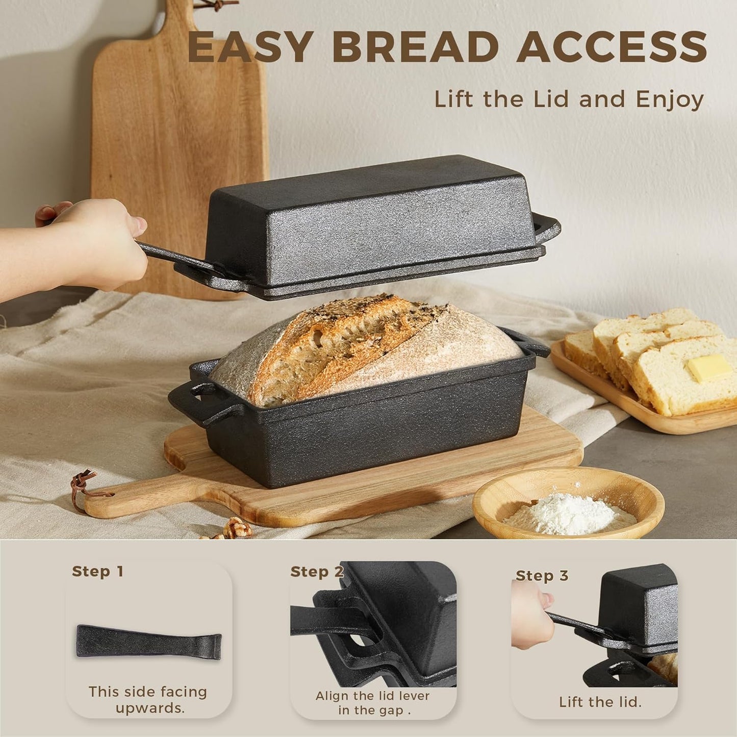 HONGBAKE 2 in 1 Cast Iron Bread Pan with Lid, Lid Lever, Long Oven Mitts, 9x5 Loaf Pans for Homemade Bread, Sourdough Baking Pan, Pre-Seasoned Nonstick Rectangular Dutch Oven, Banana Bread Tins