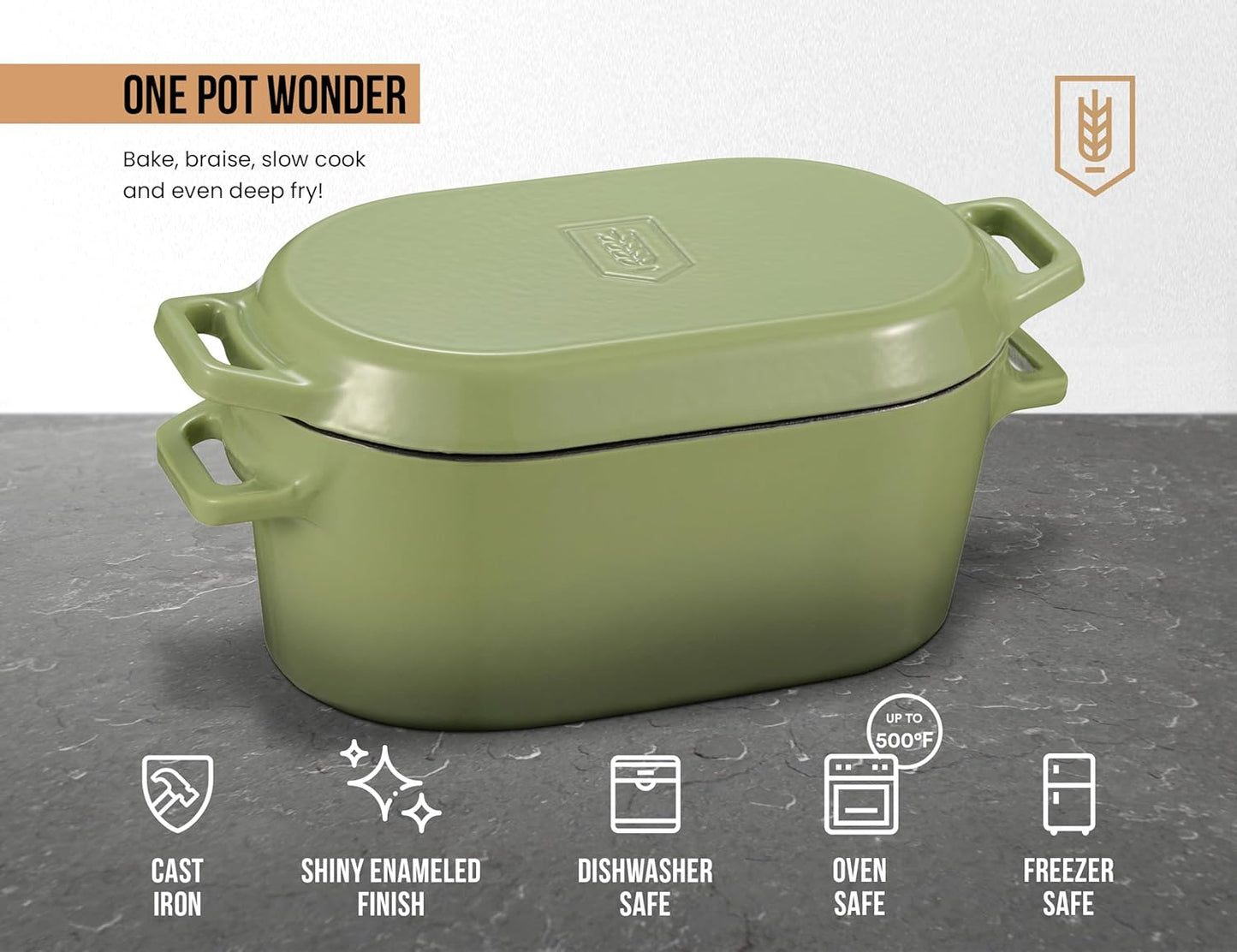 Kook Dutch Oven with Lid, Dual Handles, Enameled Cast Iron, Great for Baking Bread, Cooking and Roasting, Dishwasher Safe, 3.4 Qt, Sage Ombre