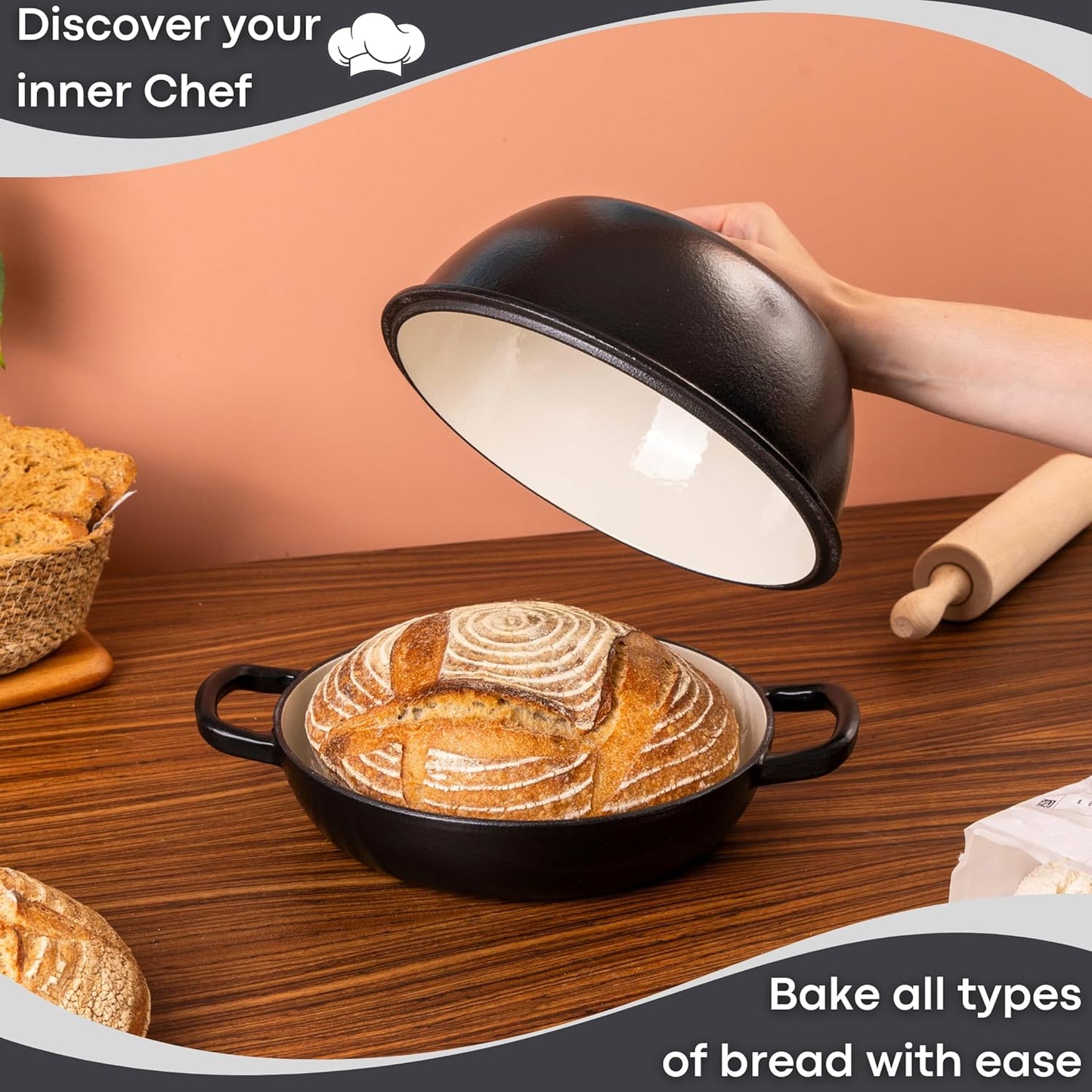 Enamelled Cast Iron Dutch Oven Pot – Dutch Oven For Sourdough Bread Baking – Cast Iron Bread Pot – Black, 6 Quarts, 22cm – by Nuovva