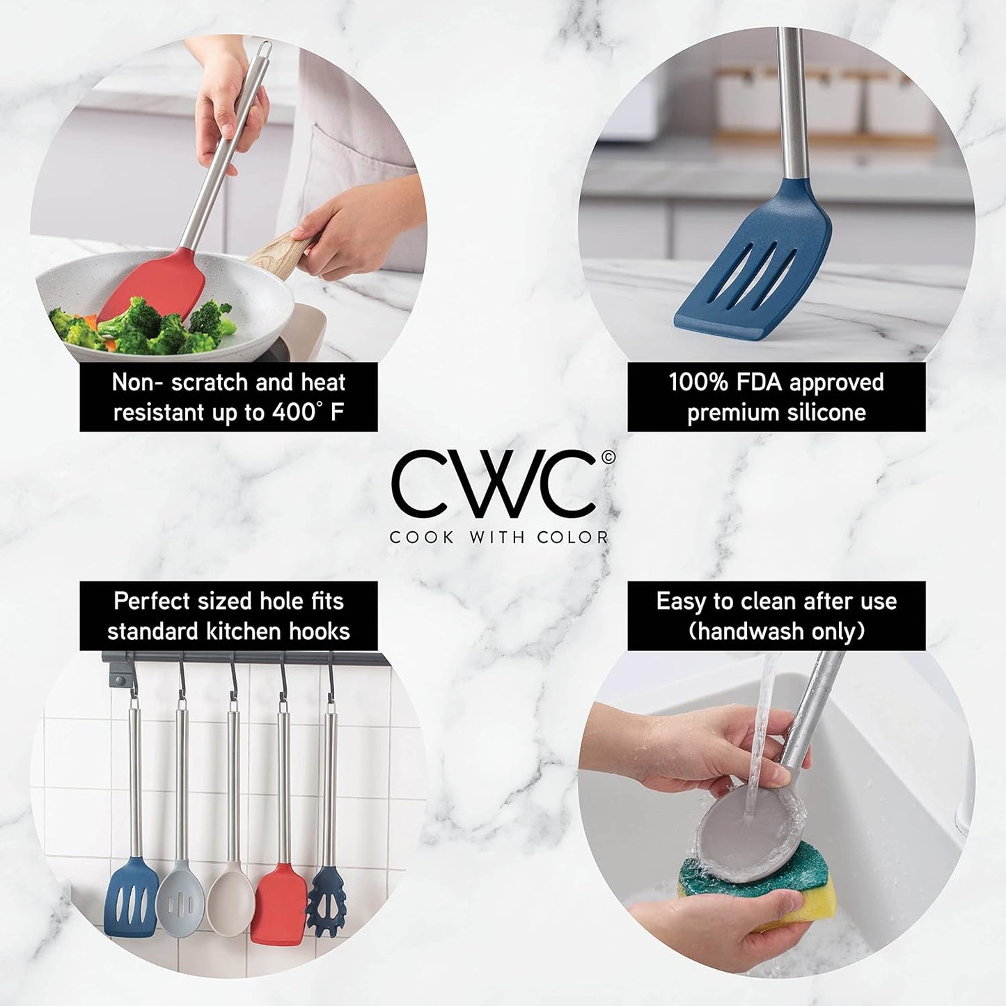 COOK WITH COLOR Silicone Cooking Utensils, Kitchen Utensil Set, Easy to Clean Silicone Kitchen Utensils, Cooking Utensils for Nonstick Cookware, Kitchen Gadgets Set, 5 Pieces, Red