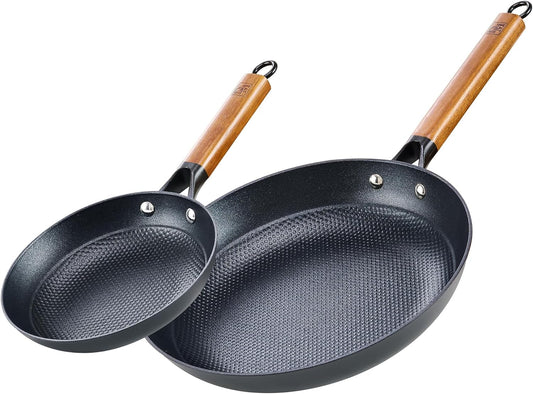DM Cast Iron Skillet, 2 Piece Nonstick Frying Pan Set, 8 and 12 Inch with Detachable Acacia Wooden Handle, Honeycomb Non stick Omelet Egg Pan, Easy Clean Oven Safe Pans for Cooking