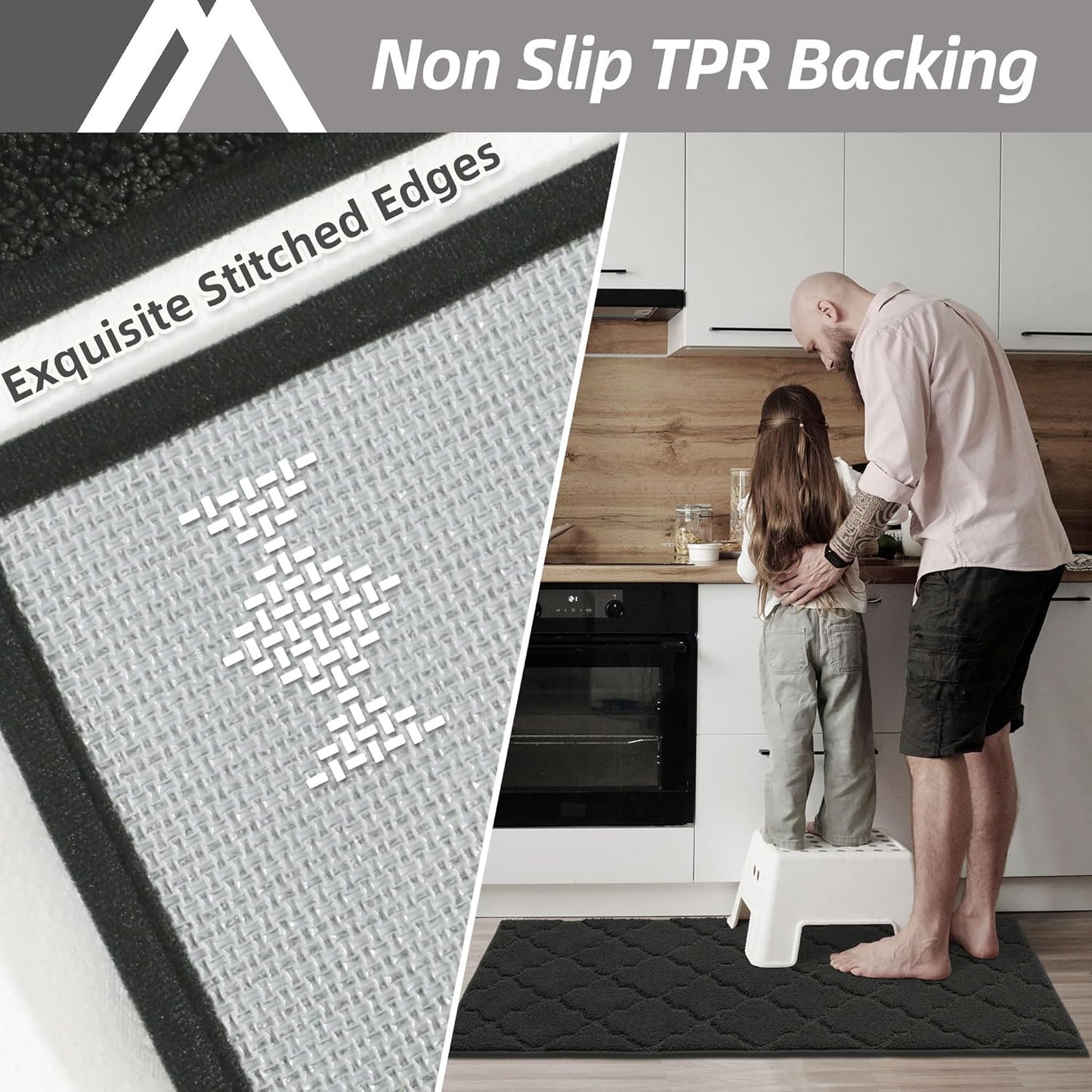 COSY HOMEER-Kitchen-Rugs 20"x48" Non-Slip Absorbent Soft Kitchen Runner Rug Polyester Kitchen Mats for Floor Washable Kitchens Standing Floor Mat for Sink Mat,Hallway,Laundry,Black