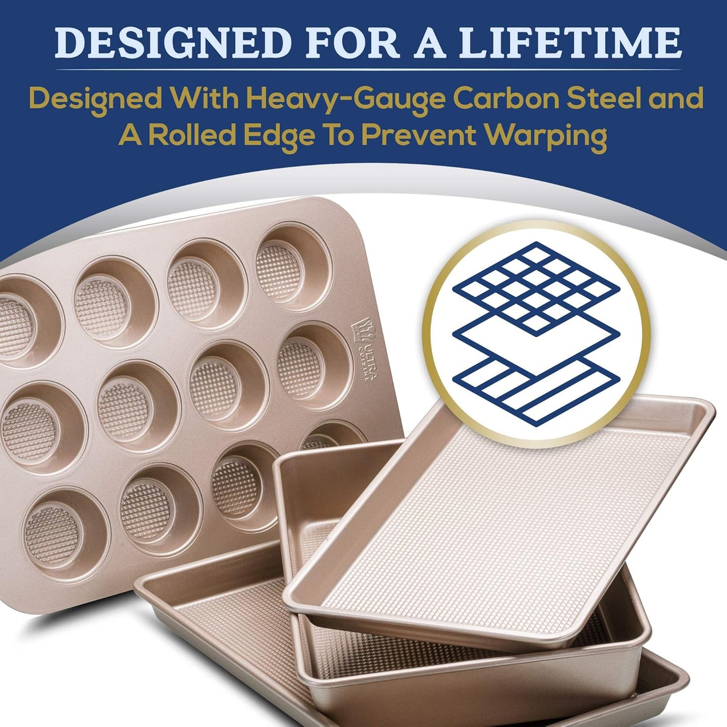 Ultra Cuisine Nonstick Half Sheet Baking Pan - Food Safe Coating, Warp & Scratch Resistant Texture for Airflow, & Carbon Steel Design Durable for Professional Quality Roasting, Size 13 x 18 inch