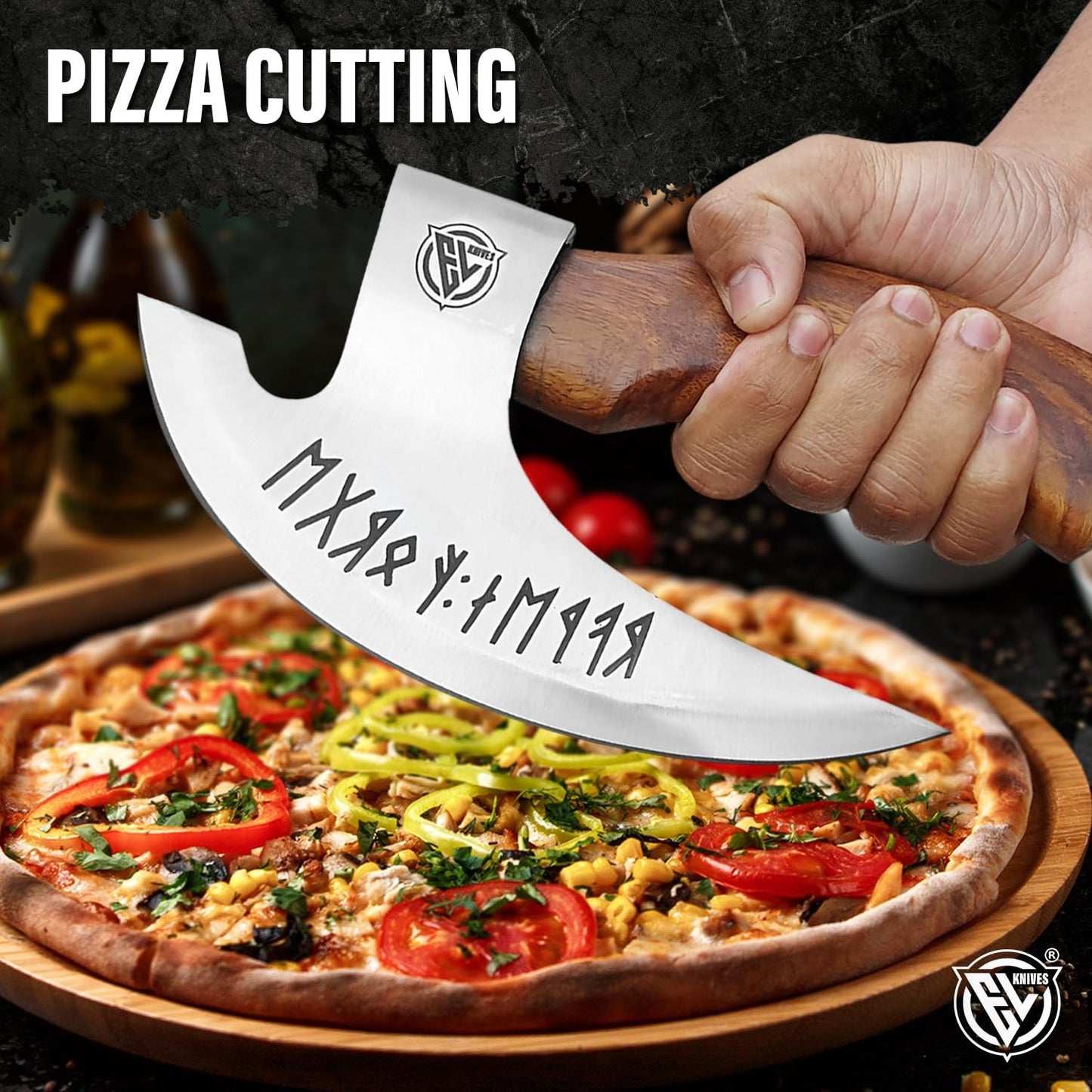 Viking Multipurpose Pizza Axe with Sheath - Rosewood Handle & Heavy Duty Axe Head - Cuts Pizza, Meat & Vegetables