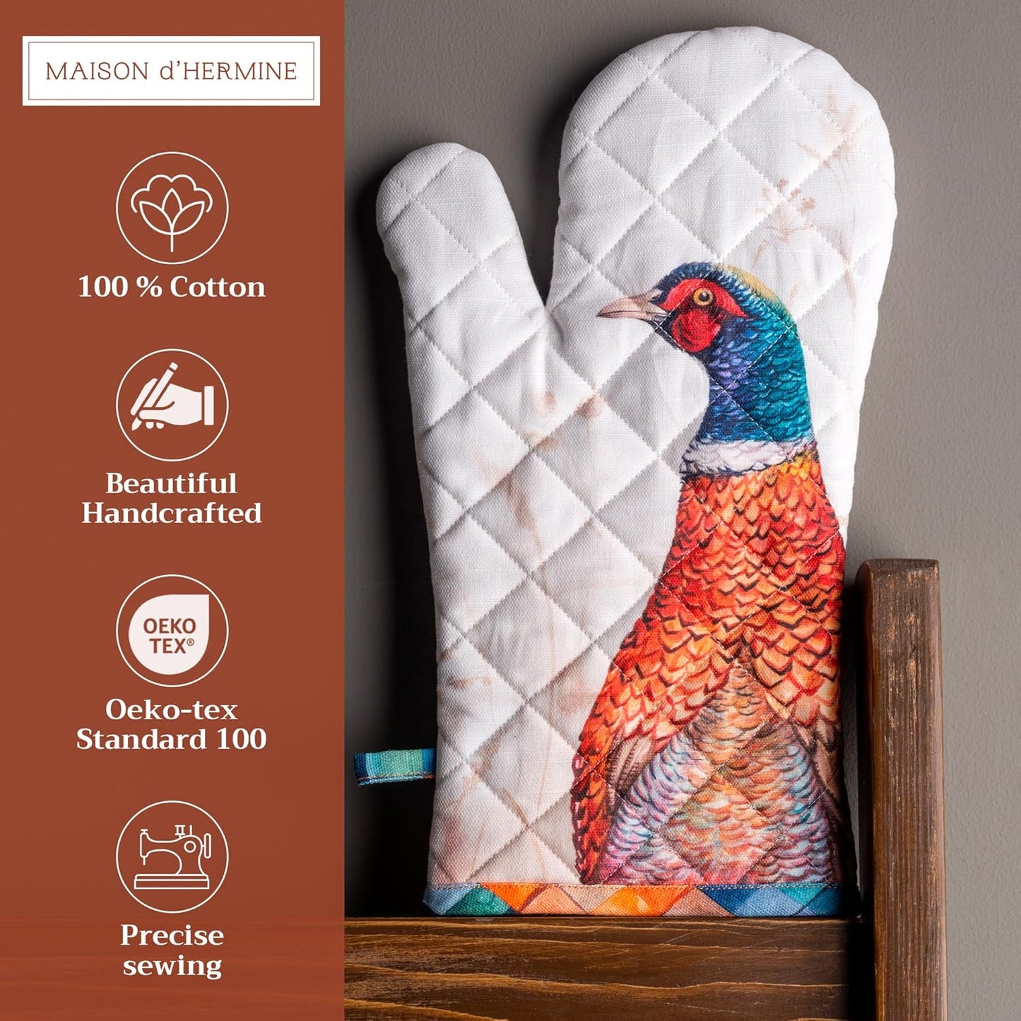 Maison d' Hermine Oven Gloves 100% Cotton Oven Mitt 7" x 13" with Loop Heat Resistant, BBQ, Cooking Gloves, Baking, Grilling, Kitchen, Handling Hot Pans (Pack of 1, Faisan D'Automne)