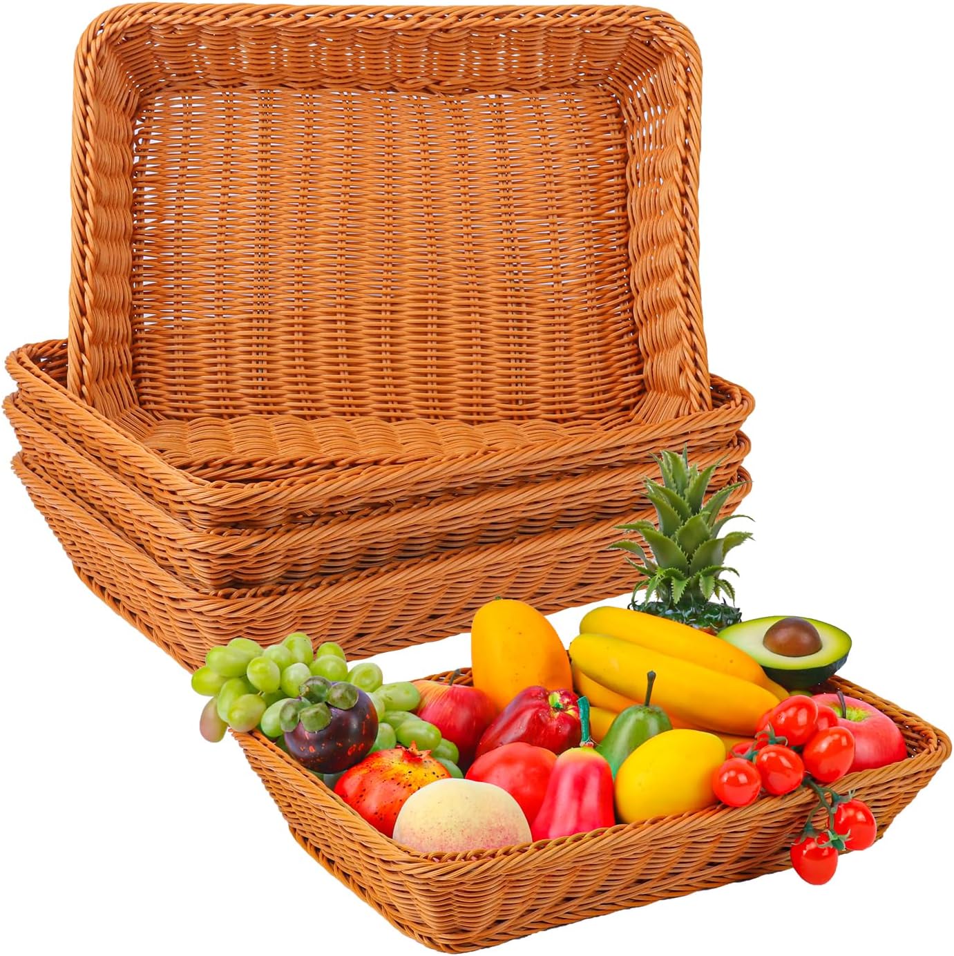 5 Pack 16 Inch Brown Wicker Bread Basket, Handmade Woven Organizer, Rectangular Fruit Baskets, Snack Basket Food Serving Baskets for Dining Table, Candies, Crackers, Fruit, Vegetables