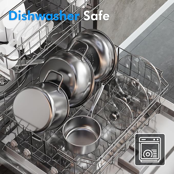 Pots and Pans Set,12-Piece Stainless Steel Cookware Set, Induction Ready Kitchen Cooking Set, Includes Saucepans, Stockpot, Steamer & Strainer Basket, Glass Lids, Dishwasher & Oven Safe