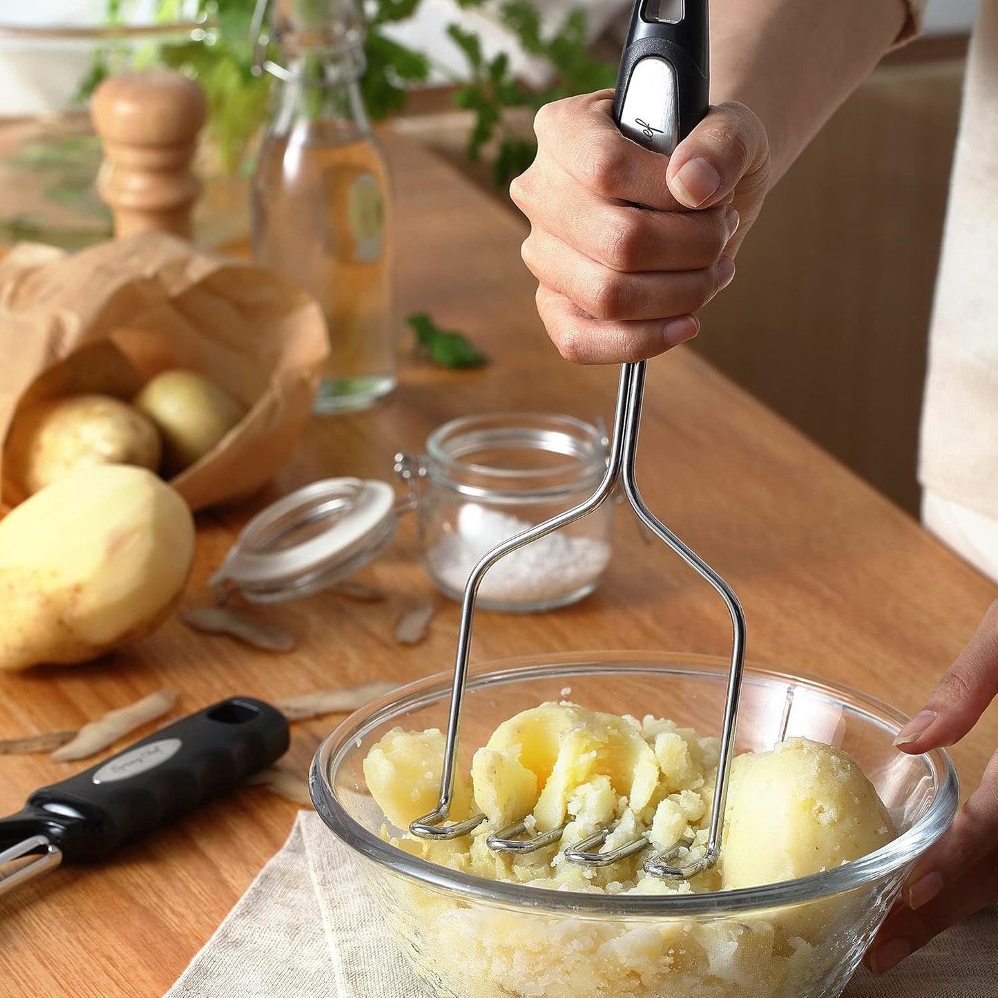 Spring Chef Stainless Steel Potato Masher with Premium Vegetable Peeler, Mashed Potato Masher - Kitchen Tool with Soft Non-slip Handle, Metal Food Masher for Fruit, Avocado, Bean, Guacamole, Banana