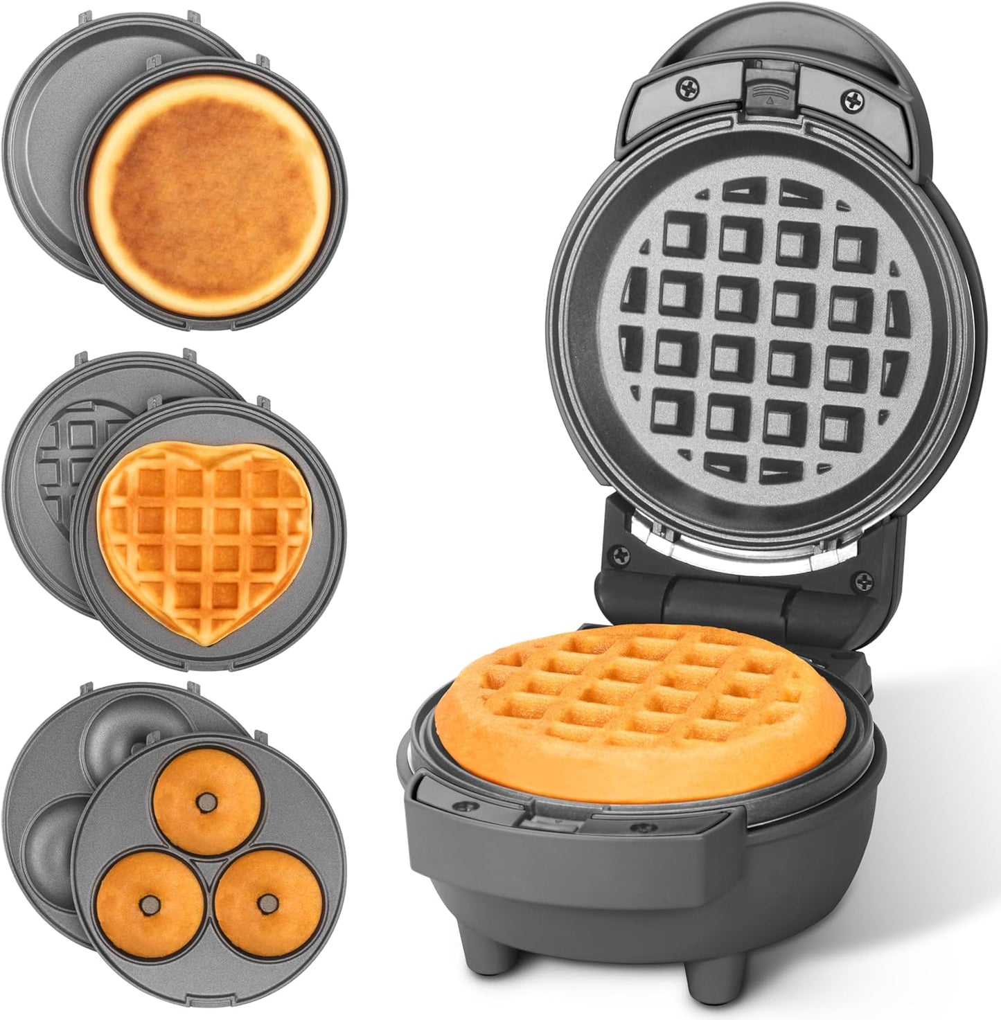 Baker's Friend 4 in 1 Mini Waffle Maker with Removable Plates, A Set of Mini Pancake Maker, Mini Donut Maker, Mini Heart Shape Waffle Maker and Small Waffle Maker, Recipe Included, Graphite, Compact