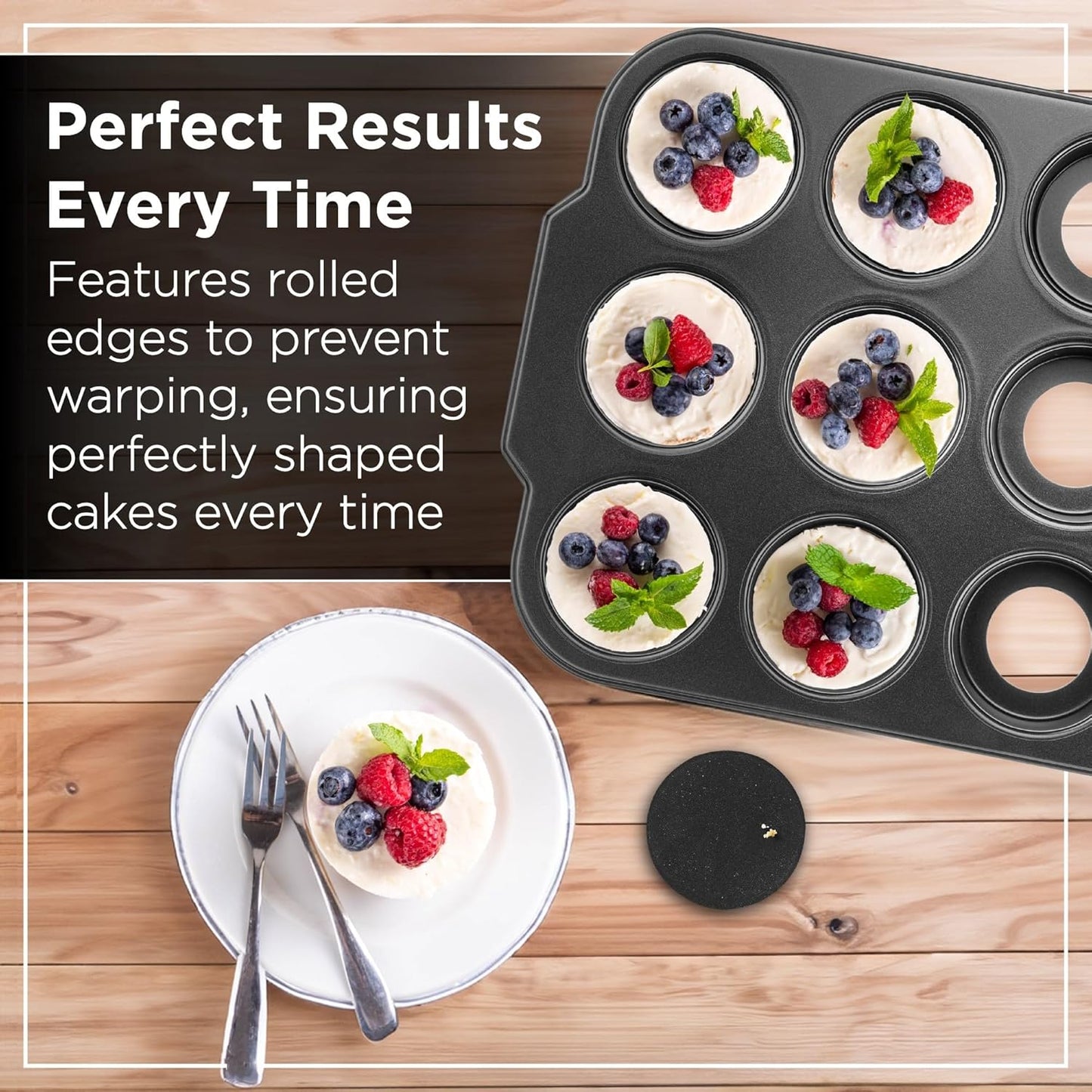 Wrenbury Pro Mini Cheesecake Pans Removable Bottom 12 Hole - Heavy Gauge Carbon Steel Muffin Cupcake Pan Loose Bottom Springform for Baking - 3 Inch Individual Cheesecakes Tin - PFOA Free