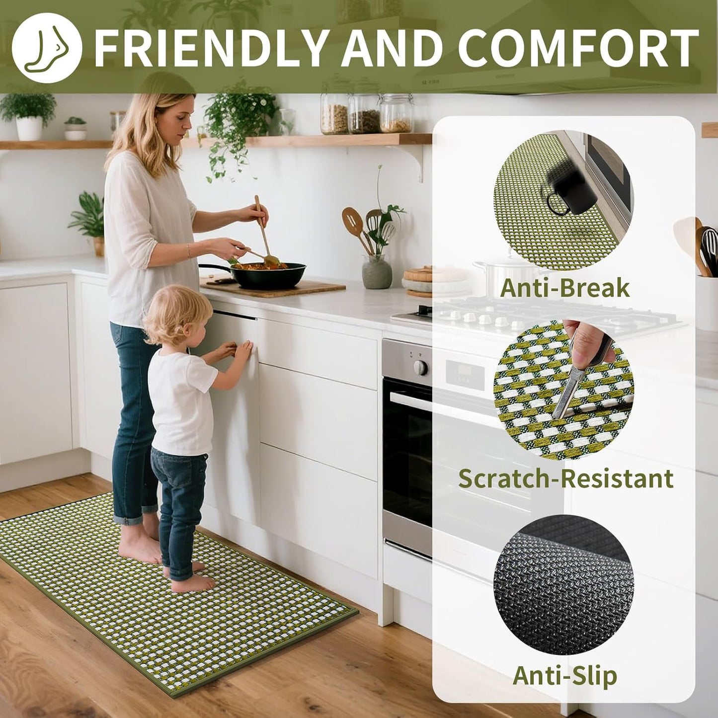 Kitchen Mats for Floor, Super Absorbent Kitchen Rugs Non Slip Washable, Rubber Backing Soft Chenille Braided Kitchen Runner Rug Standing Mat Sink Mat, Easy to Clean, Green 17"x28"