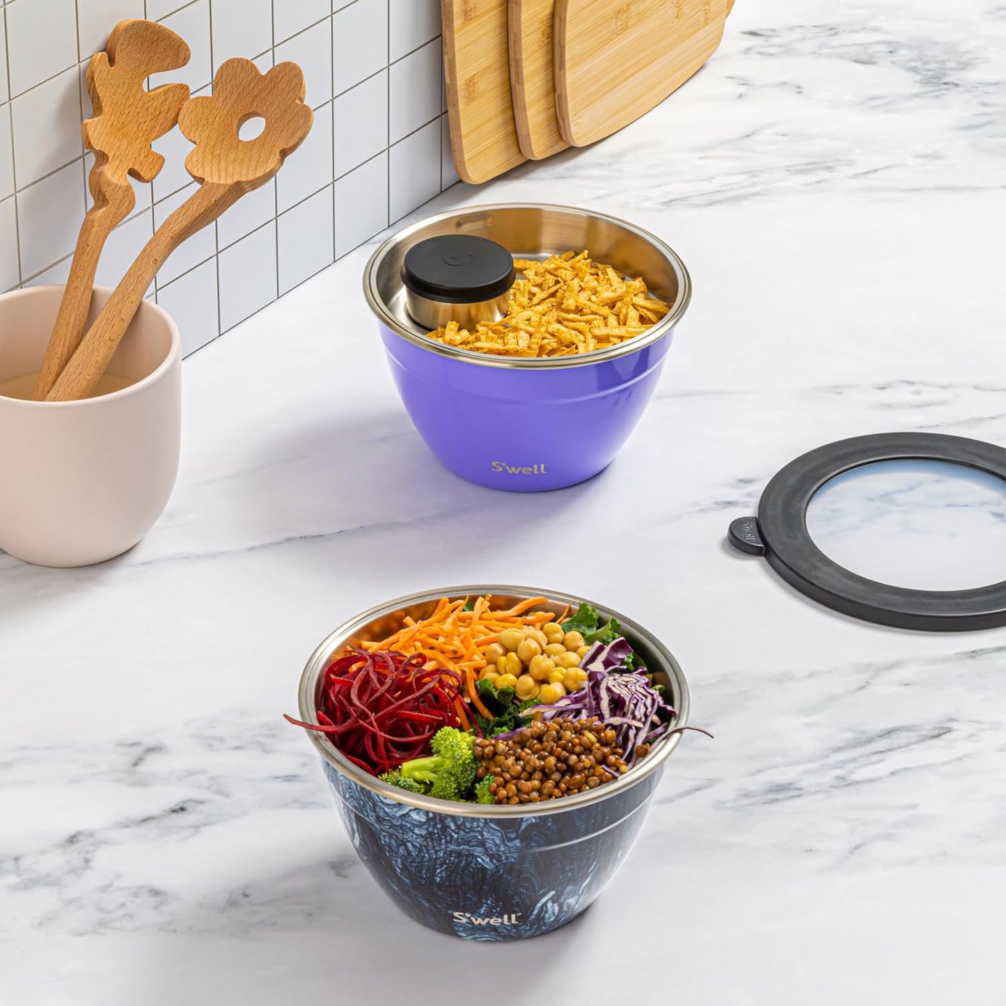 S'well Stainless Steel Salad Bowl Kit 64oz, Hillside Lavender, Comes with 2oz Mini Canister and Removable Tray for Organization, Leakproof, Easy to Clean, Dishwasher Safe