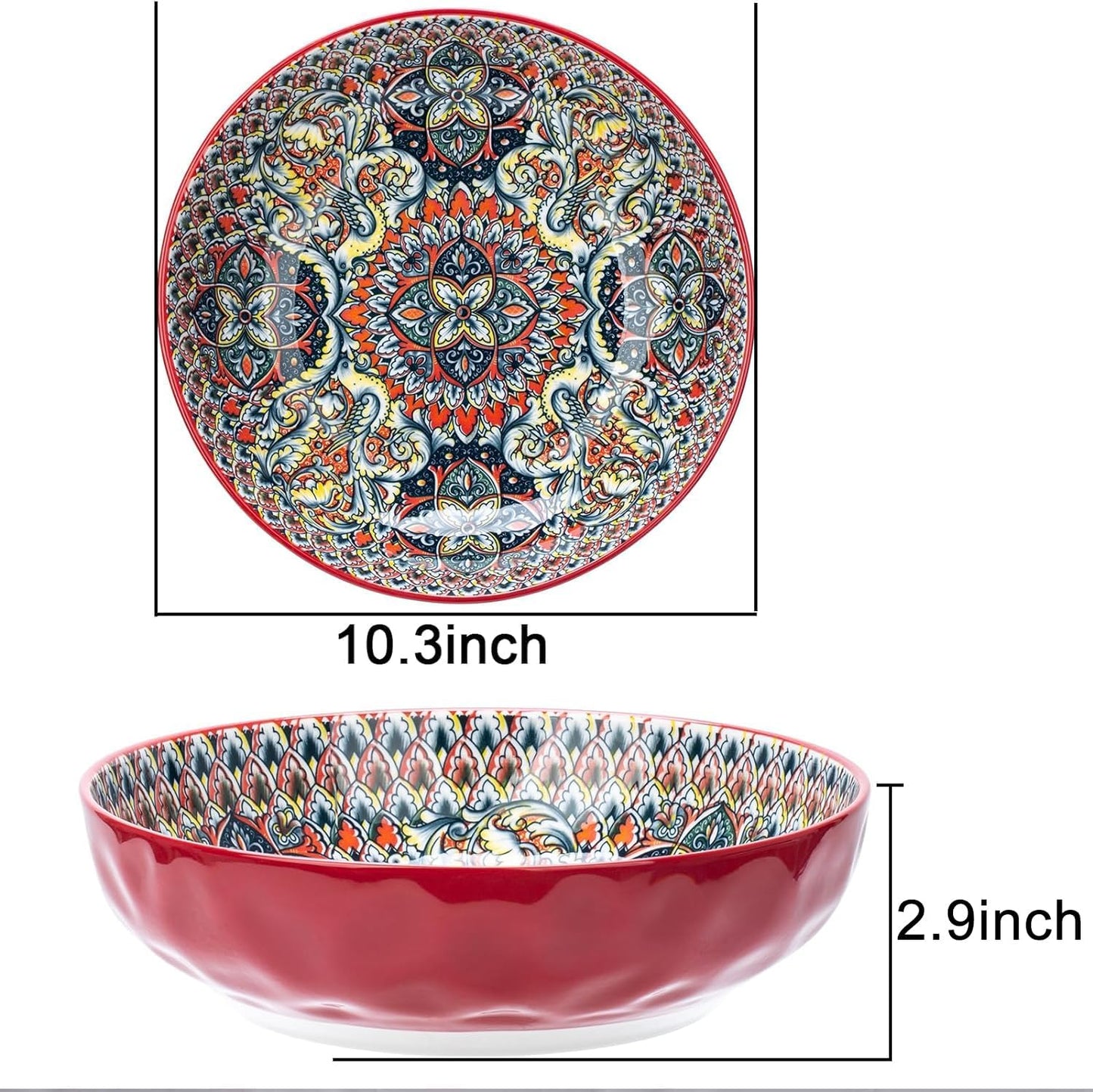 Large Serving Bowls, 75 Oz Fruit Salad Bowls, Bohemian Style Large Porcelain Dishes for Entertaining Parties,Big Bowls for Eating Soup, Salad, Pasta, Fruit, Chips, 10.3 Inch Diameter (red)