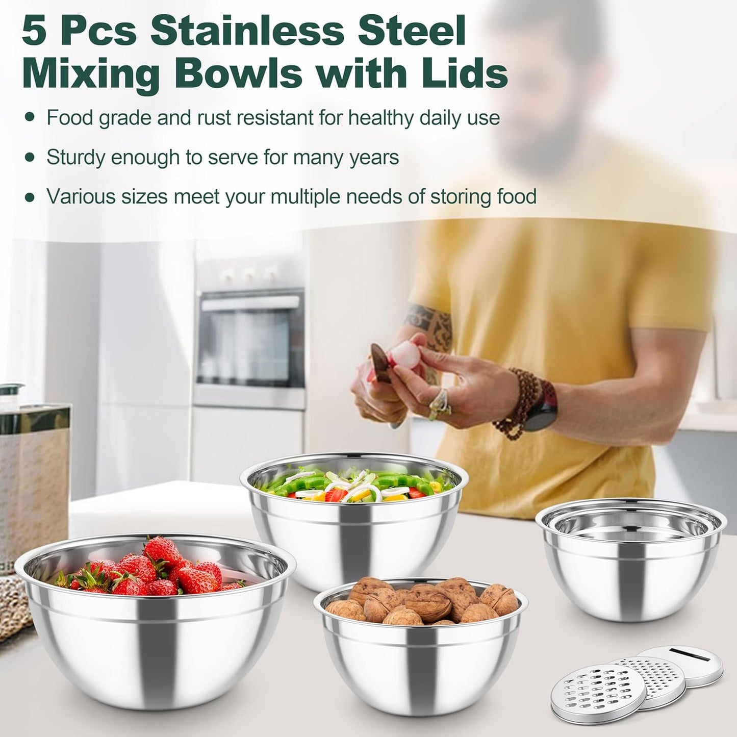 TeamFar Mixing Bowls, Stainless Steel Salad Serving Bowl with Clear Lids & 3 Graters, For Kitchen Cooking Prepping Storing, Size 4.6/2.6/1.5/1/0.7 QT, Nesting & Airtight, Set of 5 & Black