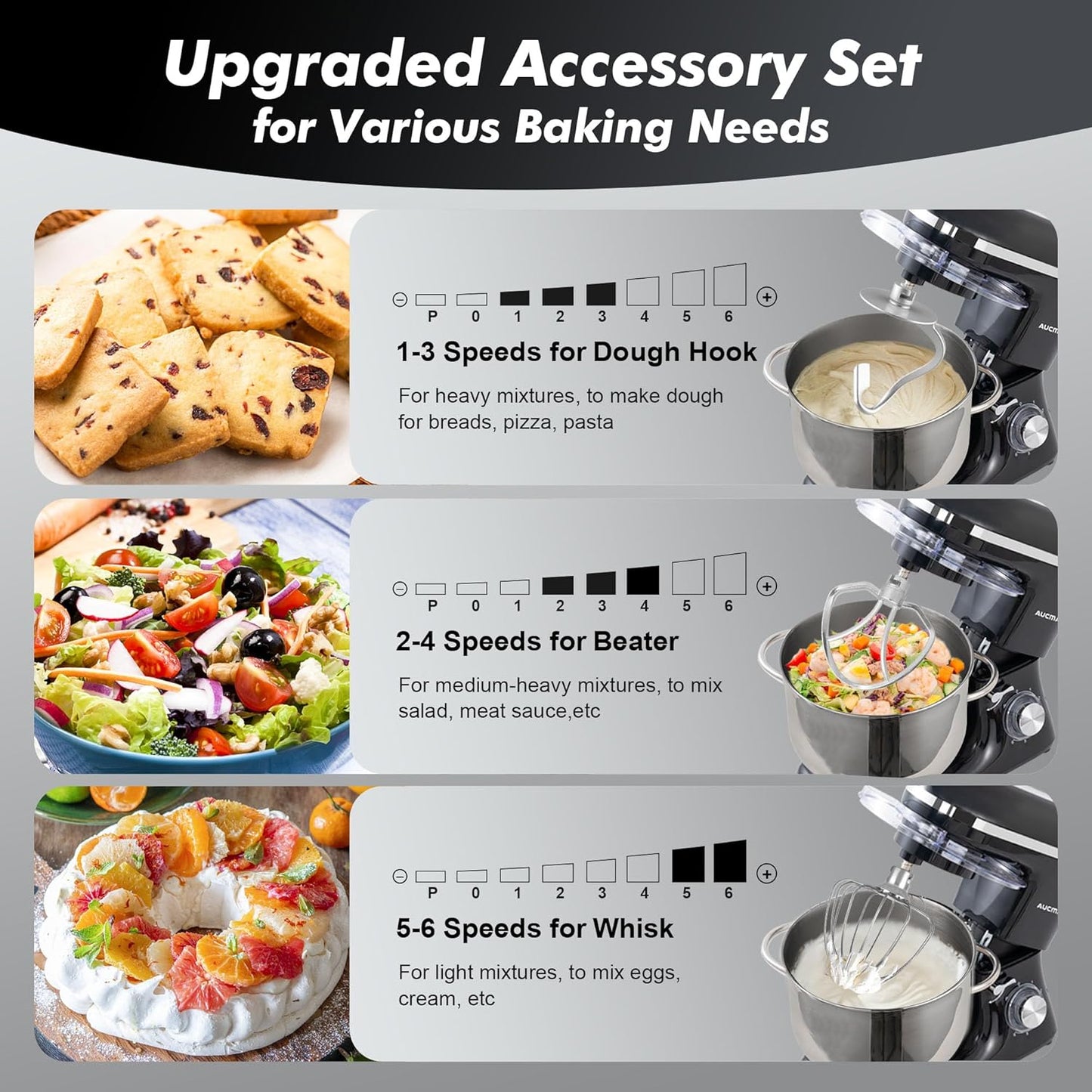 Aucma Stand Mixer, 900W 8QT Large Kitchen Mixer, Kitchen Electric Mixers with Dough Hook, Wire Whip & Beater (Black, 8QT)