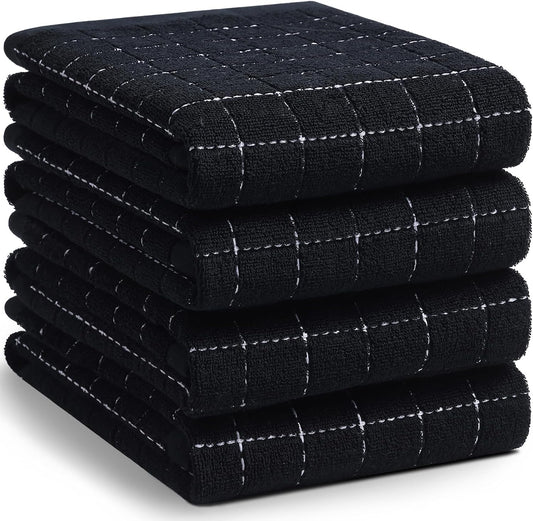 Homaxy 100% Cotton Terry Kitchen Towels(Black, 20 x 28 inches), Checkered Designed, Soft and Super Absorbent Dish Towels, Large 4 Pack