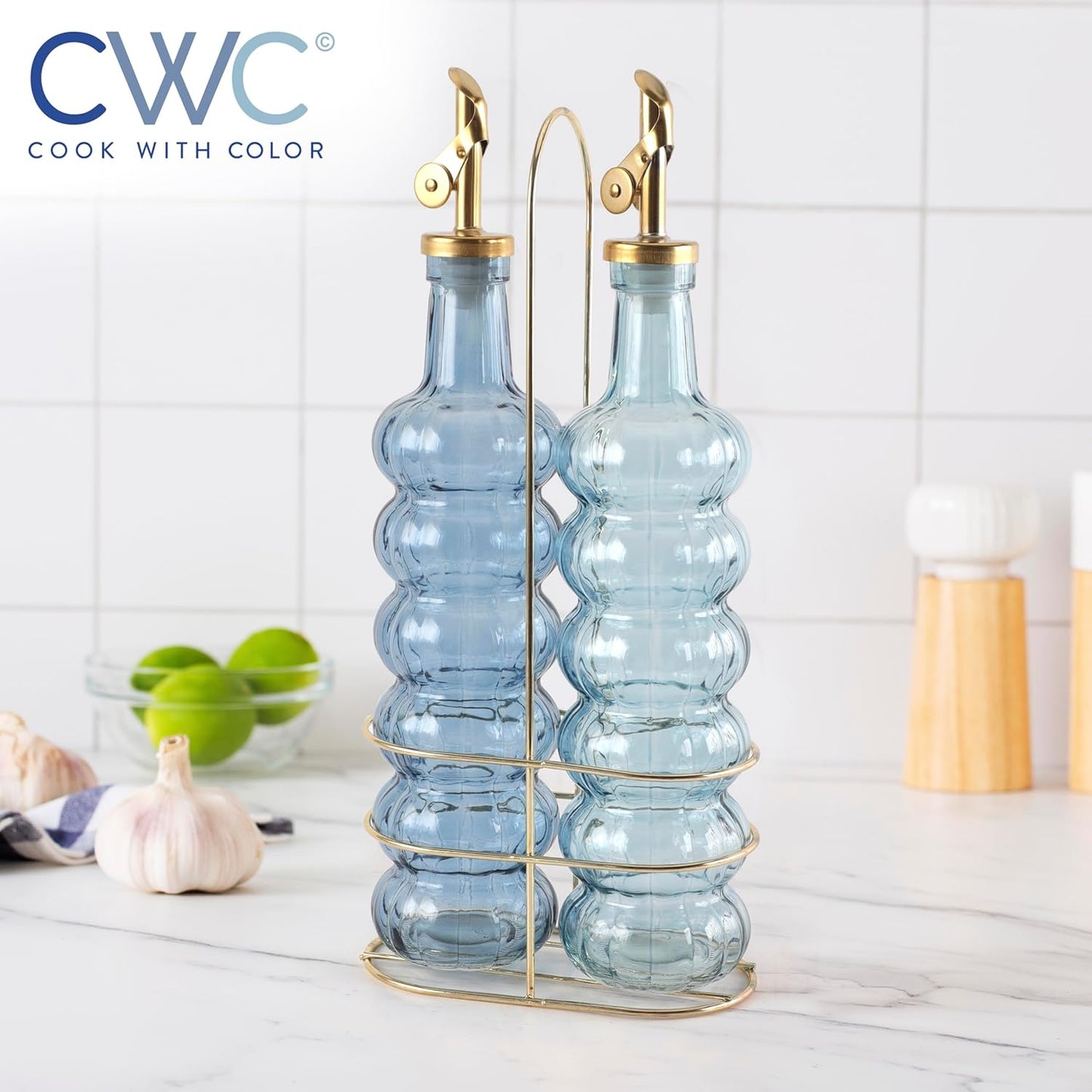 COOK WITH COLOR Glass Olive Oil Bottle Dispenser - 2 Pack- 17oz Oil and Vinegar Cruet - Olive Oil Carafe Decanter for Kitchen