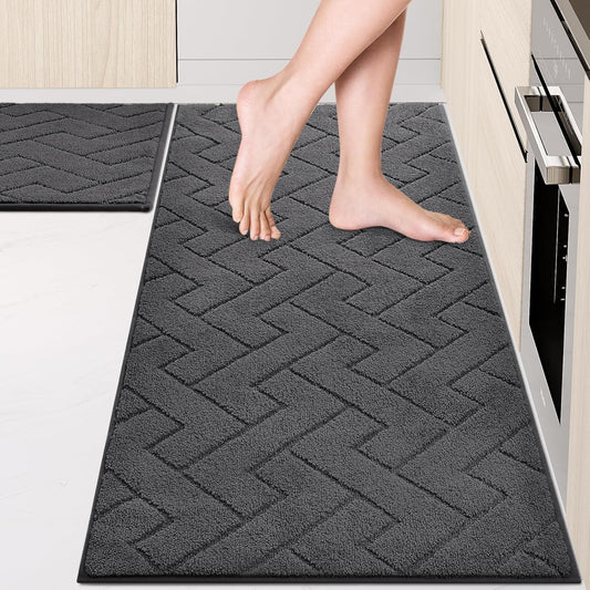 Machine Washable Kitchen Rugs Set (24" x 36"+24" x 60"), Non-Slip Kitchen Runner Rugs Mats for Floor, Absorbent Comfort Standing Mats for Kitchen, Sink and Hallway, Rolled Packaging, Charcoal