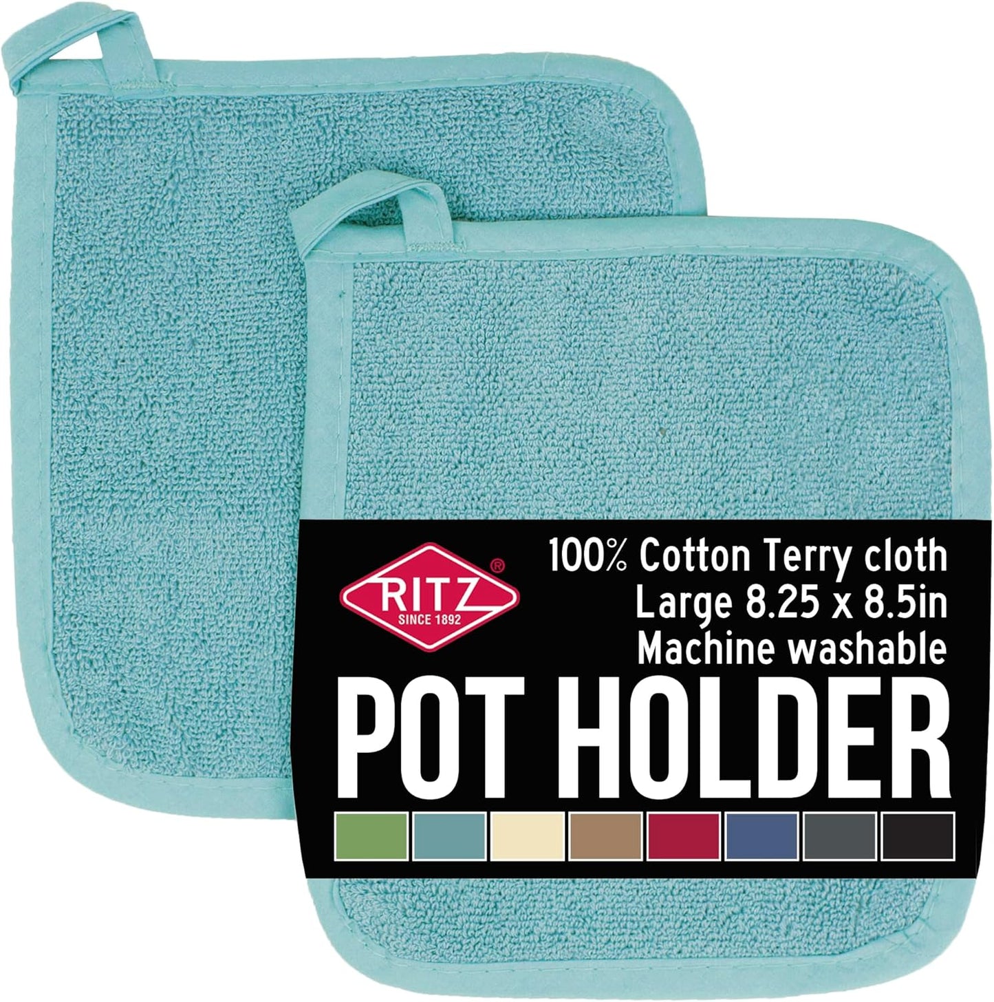RITZ Terry Potholder & Hot Pad: Unparalleled Heat Resistant, Durable 100% Cotton – Ergonomically Designed for Optimal Grip – Easy-Care Machine Washable – 2-Pack, Dew