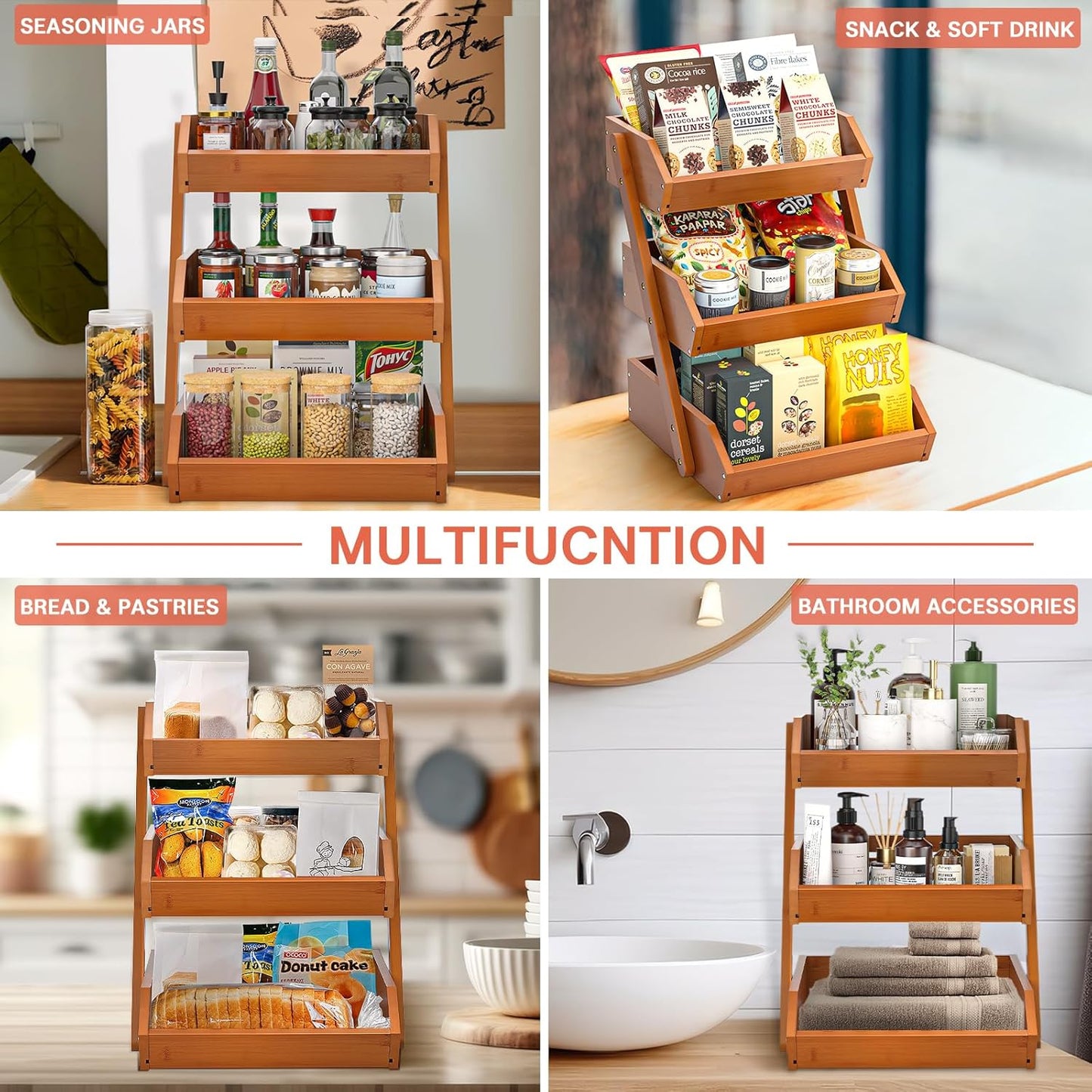 G.a HOMEFAVOR Fruit Basket for Kitchen, 3-Tier Fruit Bowl for Kitchen Counter, Vegetable Storage Stand for Fruit Shop, 15 mm Thickness, Brown