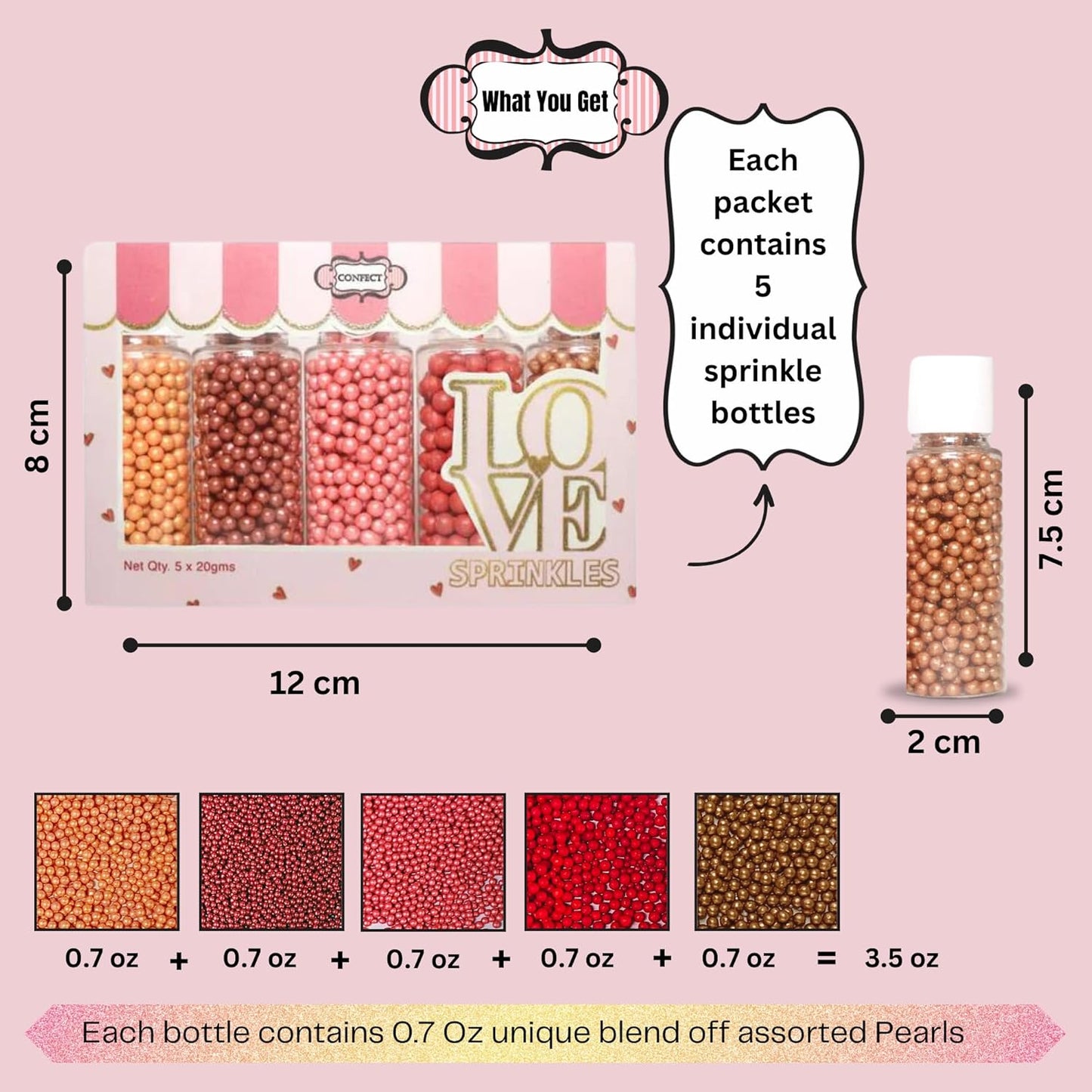 Confect Pearl Sprinkles | Edible Disco Ball Sprinkles for Cakes & Cupcakes Decoration | Pack of 5 Mix Bright Orange, Copper, Pink, Red & Bronze Dragees - Carnival |Vegan, Gluten-Free, Nut-Free, Soy-Free, Dairy-Free, Palm Oil-Free- 5 Oz