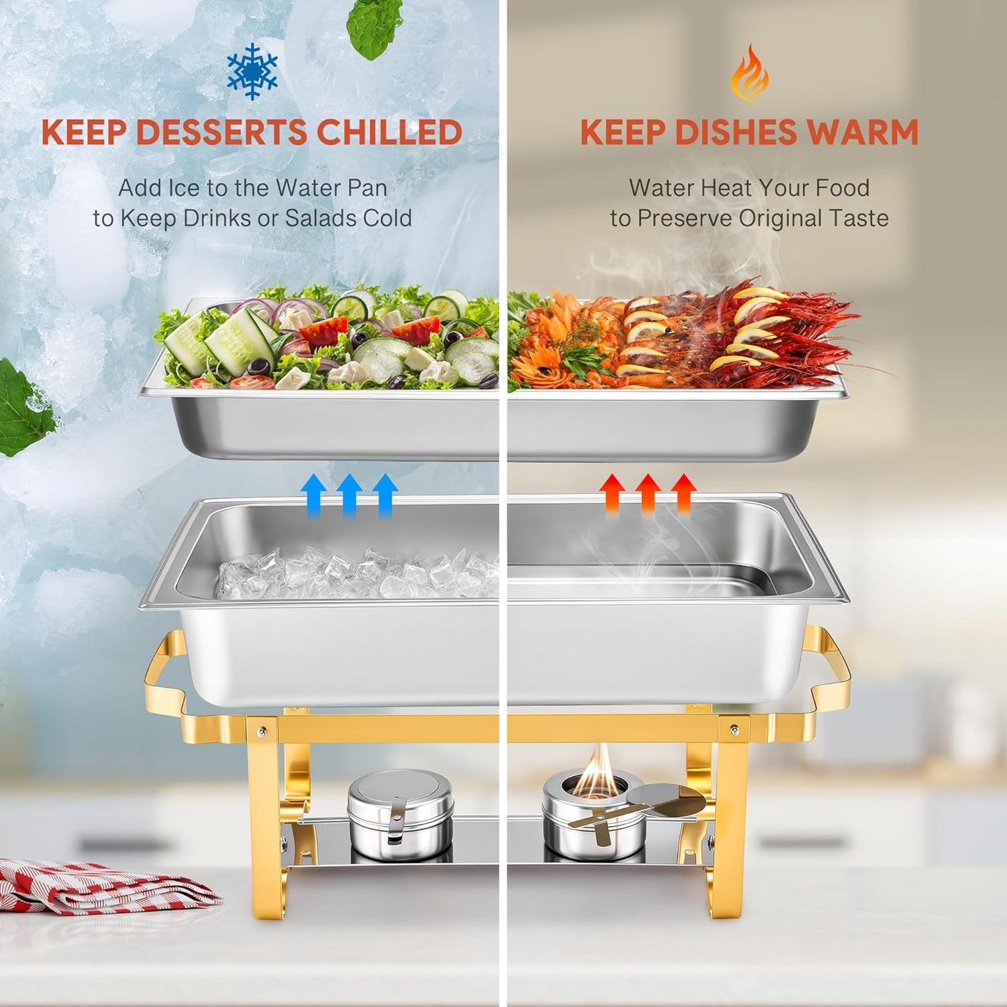 WILPREP Chafing Dishes for Buffet, 4 Pack 9 qt Chafer and Buffet Warmer Set with Full Size Pans & Foldable Frames, Food Grade Stainless Steel Food Warmers for Parties Buffets Banquets, Gold & Silver