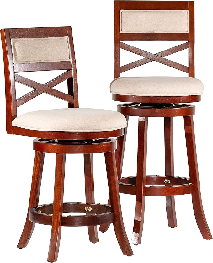 DTY Indoor Living Meeker X Back Fabric Swivel Stool, 30" Bar Height, Cherry Finish, Beige Fabric Seat