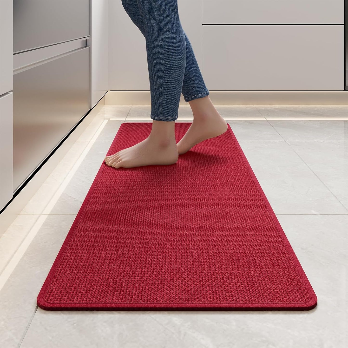Kitchen Mats for Floor, Super Absorbent Kitchen Rugs Non Slip Washable, Soft Imitation Linen Braided Kitchen Runner Rug, Standing Mat Kitchens Sink Mat, Easy to Clean, Red 17x47
