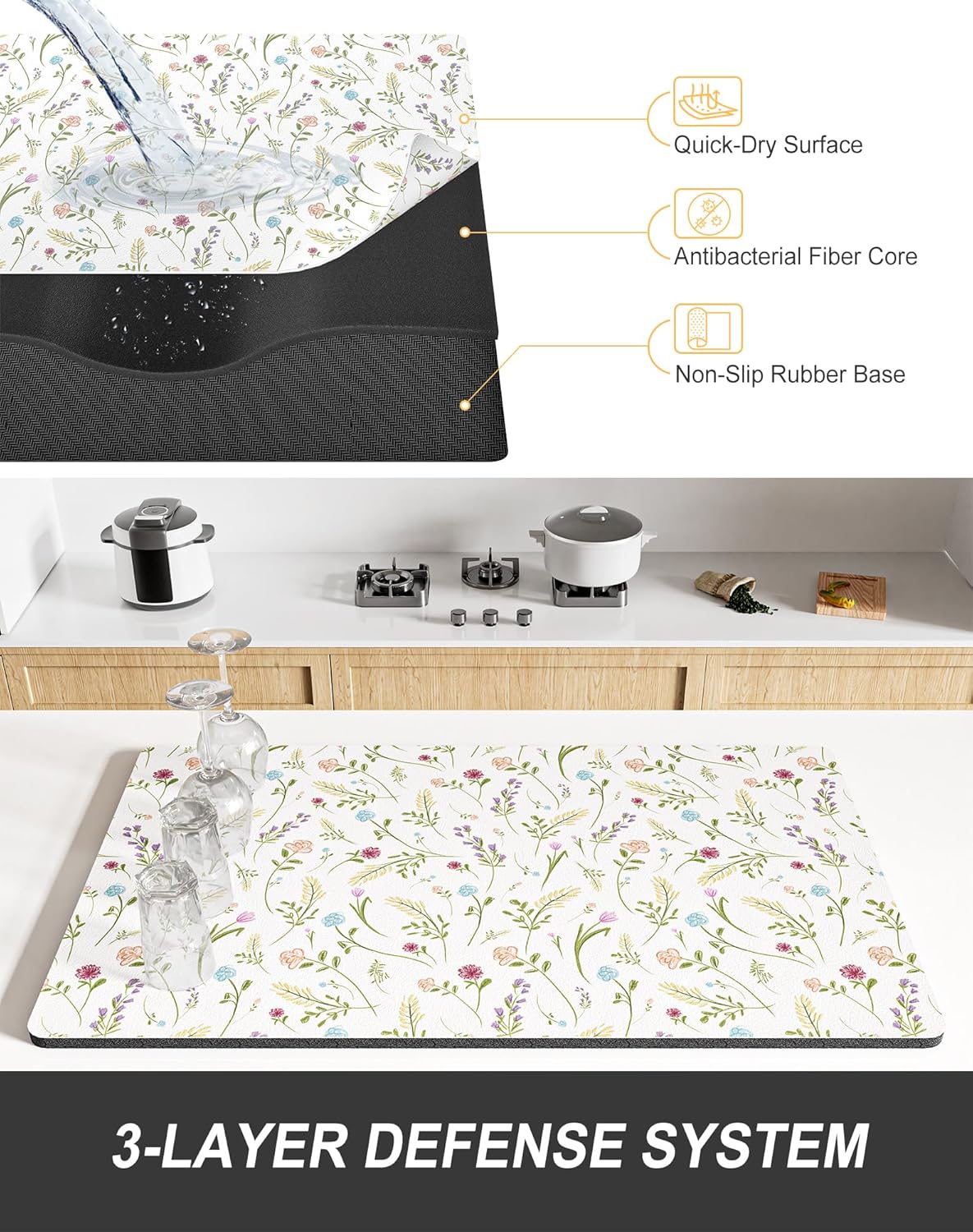 Rnivvi Dish Drying Mat for Kitchen Counter, XL 15 x 24" Cute Flower Theme Absorbent Draining Pad, Non-Slip Heat Resistant Coffee Bar Mat for Coffee Machine Station Accessories, White Dish Rack Pad