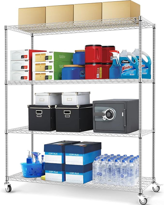 4-Tier Metal Wire Shelving Unit with Wheels, 60" x 24" x 72" Heavy-Duty Storage Rack for Garage, Kitchen, Pantry, or Restaurant, 2400 lbs Capacity, Chrome Finish
