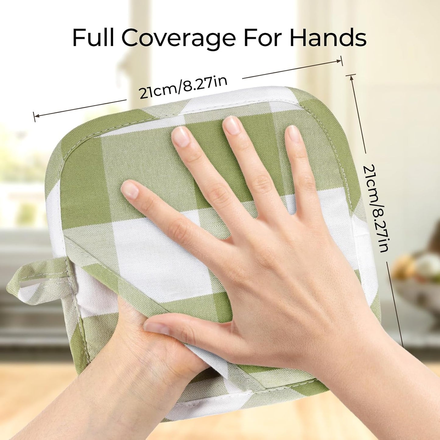 Cotton Pot Holders for Kitchen Heat Resistant Potholder Hot Pads Trivet Coaster Non-Slip Potholders Set for Cooking and Baking (2, Green Plaid, Square，8.27 in²)