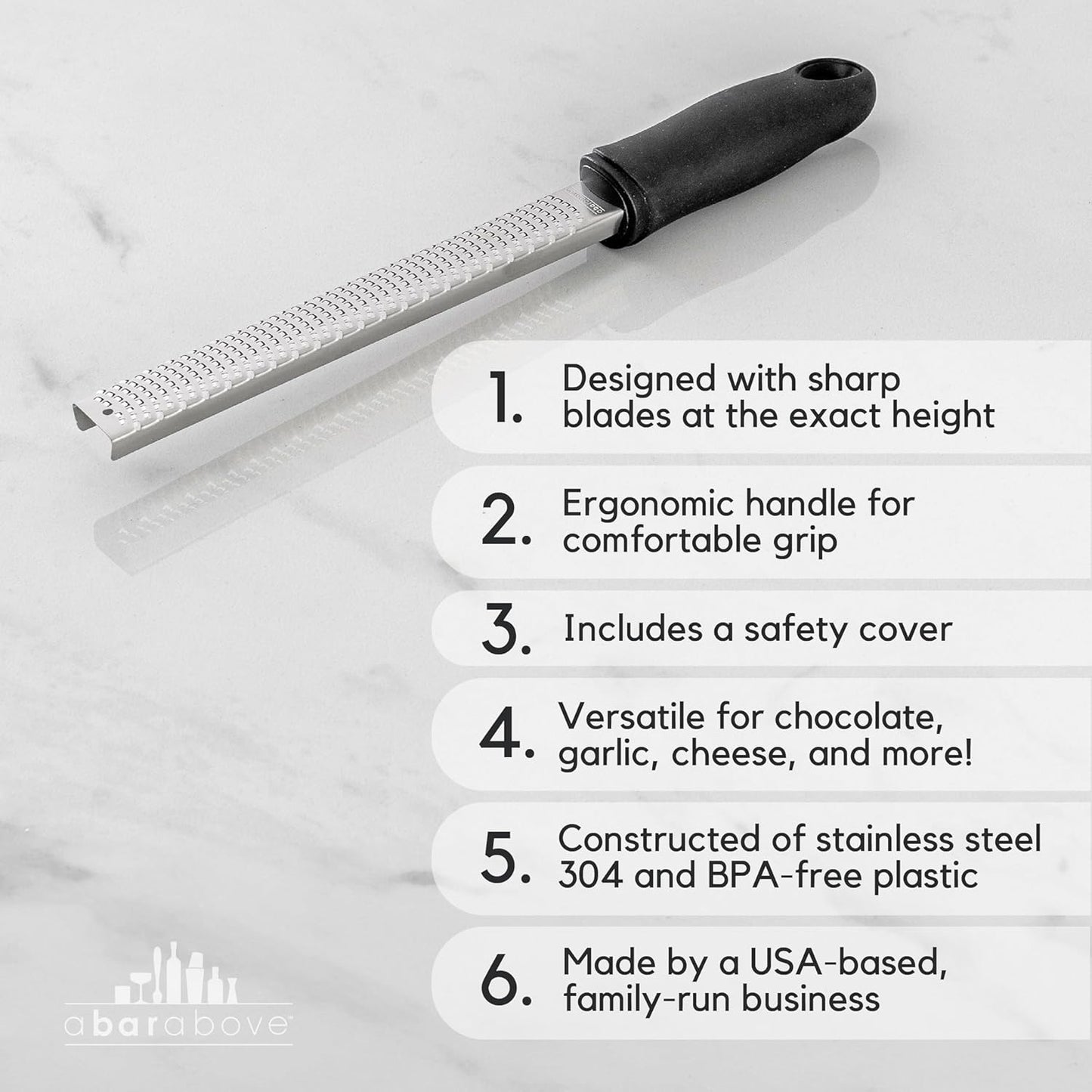 A Bar Above Cheese Grater & Lemon Zester-Chef-Grade Stainless-Steel Citrus Rasp, 12″ Hard-Cheese Grater for Parmesan, Ginger, Garlic, & Cocktail Garnish