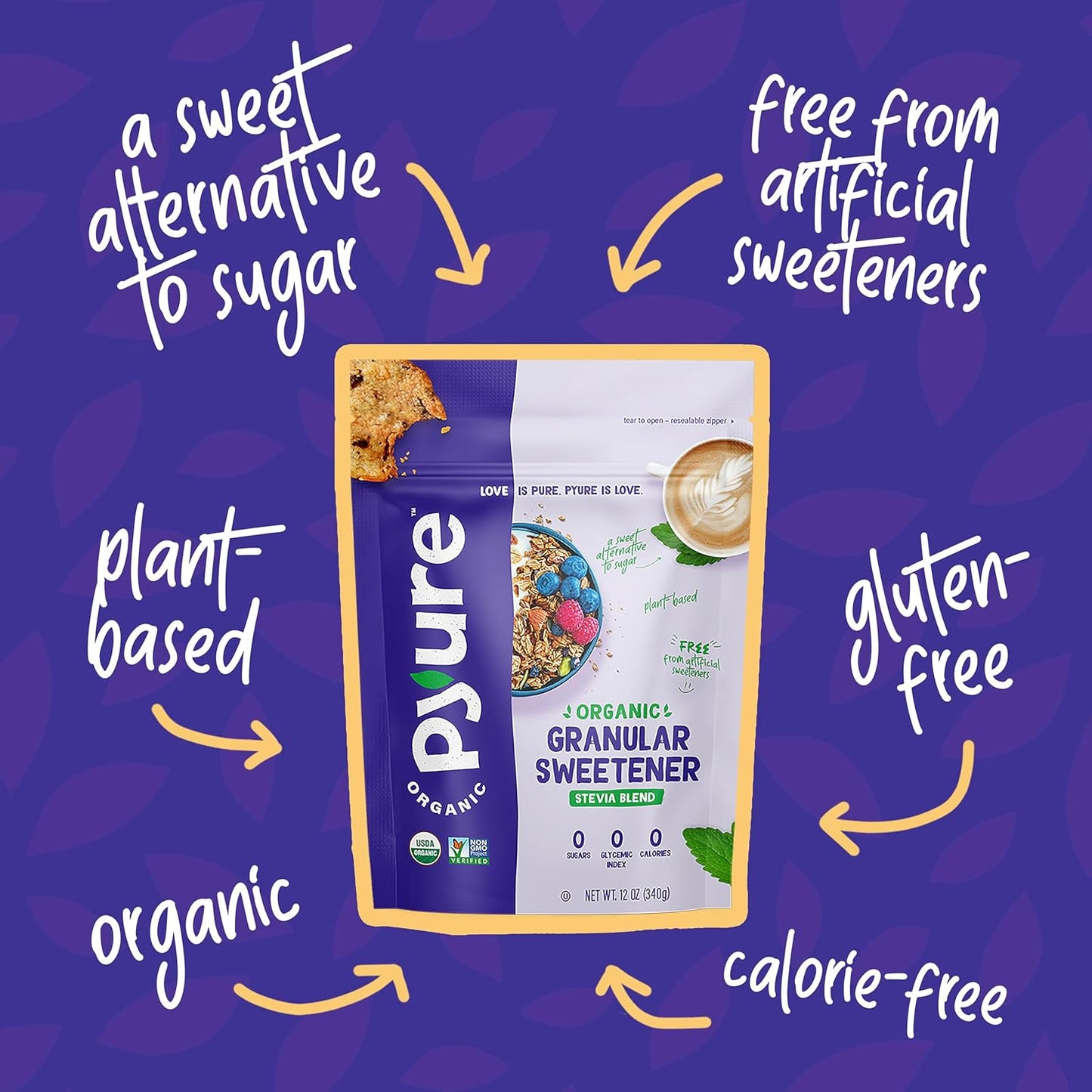 Pyure Organic Stevia Blend | Granulated Sugar Substitute with Zero Calories & Carbs | Keto, Diabetic & Vegan Friendly | Sugary Taste Alternative | USDA Organic Non-GMO | Good For Baking | 2.5lb (40oz)