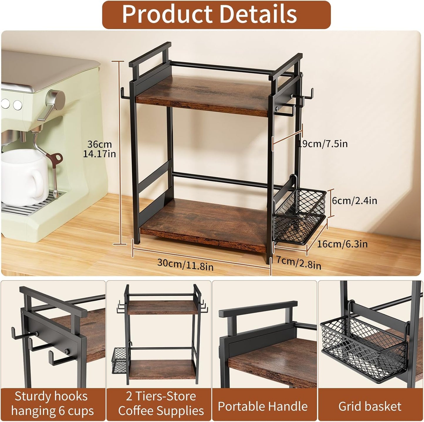 KLM 2 Tier Coffee Bar Organizer for Home Office, Spice Rack for Countertop, Kitchen Counter Storage Shelf with Hanging Basket, Coffee and Tea Condiment Station Organizer