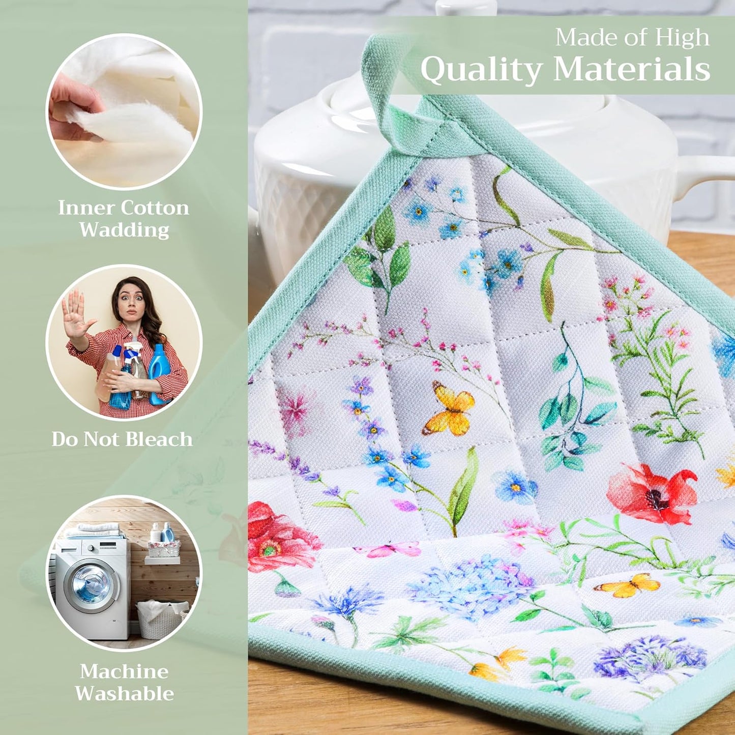 Maison d' Hermine Pot Holders 100% Cotton Heat Resistant Potholders 8" x 8" Hot Pads with Loop BBQ, Cooking, Baking, Grilling, Kitchen, Handling Hot Pans Spring/Summer (Pack of 1, Just Floral)