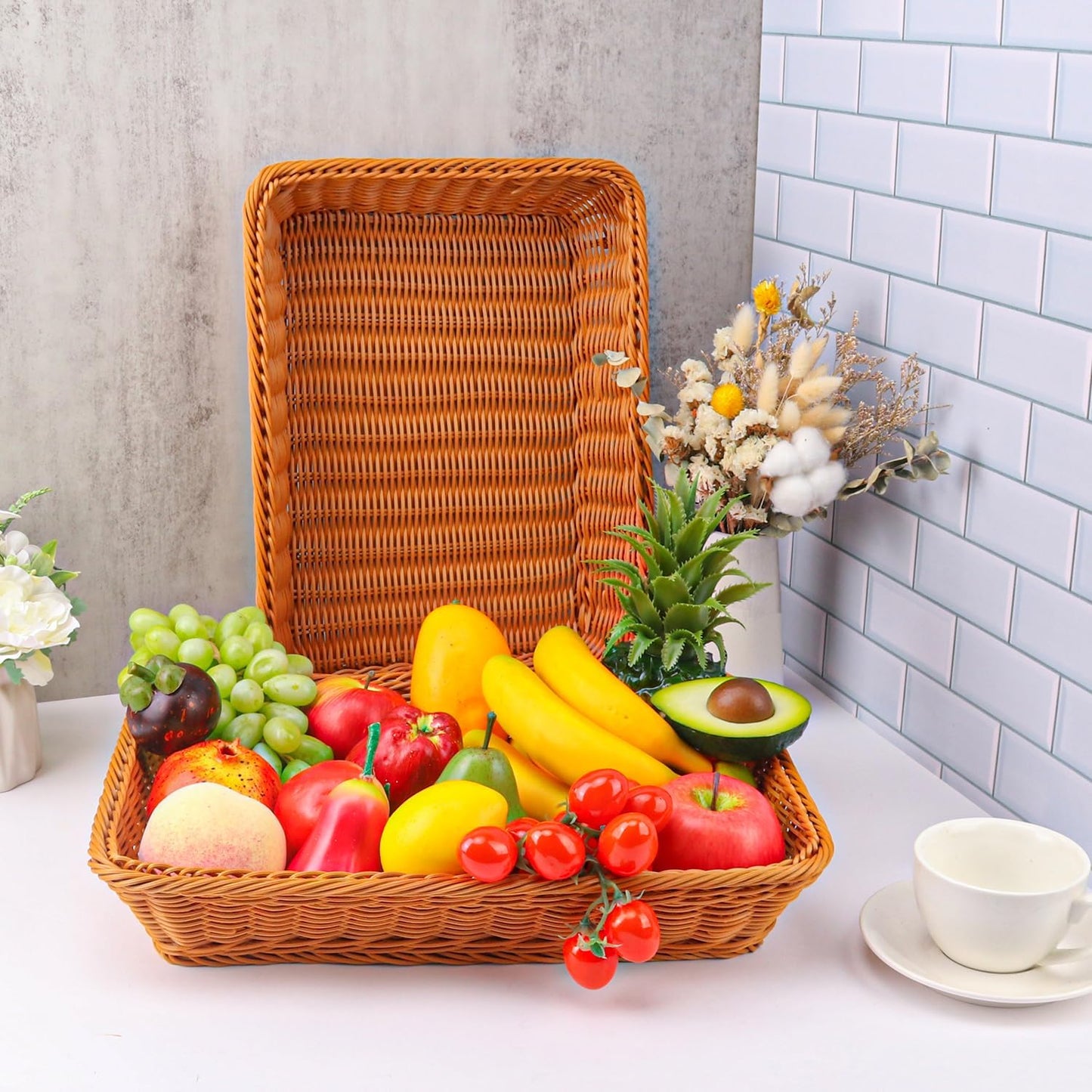 5 Pack 16 Inch Brown Wicker Bread Basket, Handmade Woven Organizer, Rectangular Fruit Baskets, Snack Basket Food Serving Baskets for Dining Table, Candies, Crackers, Fruit, Vegetables