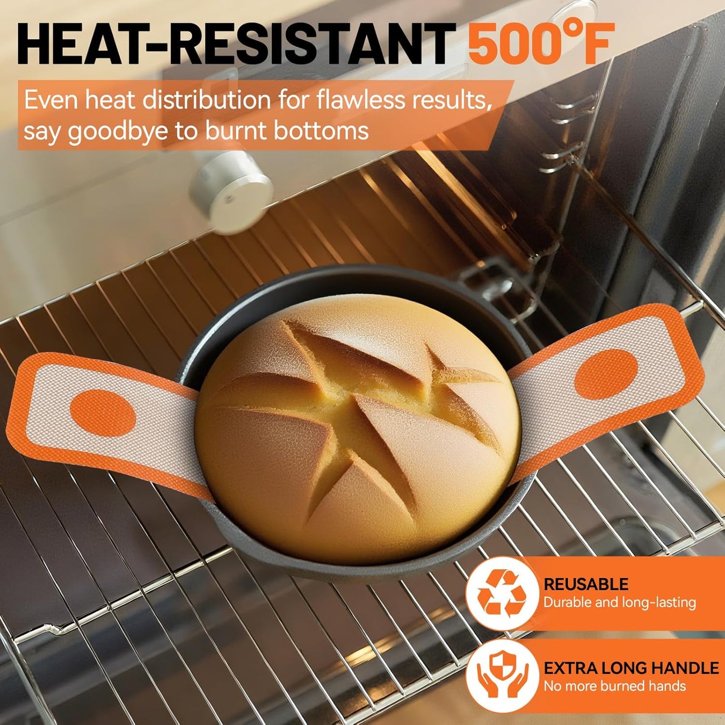 HOTEC Silicone Bread Sling for Dutch Oven - 2 Pack Non-Stick Baking Mat with Long Handle Easy to Transfer Sourdough Bread, Reusable Heat Resistant to 500°F/260°C Dutch Oven Liners Baking Supplies