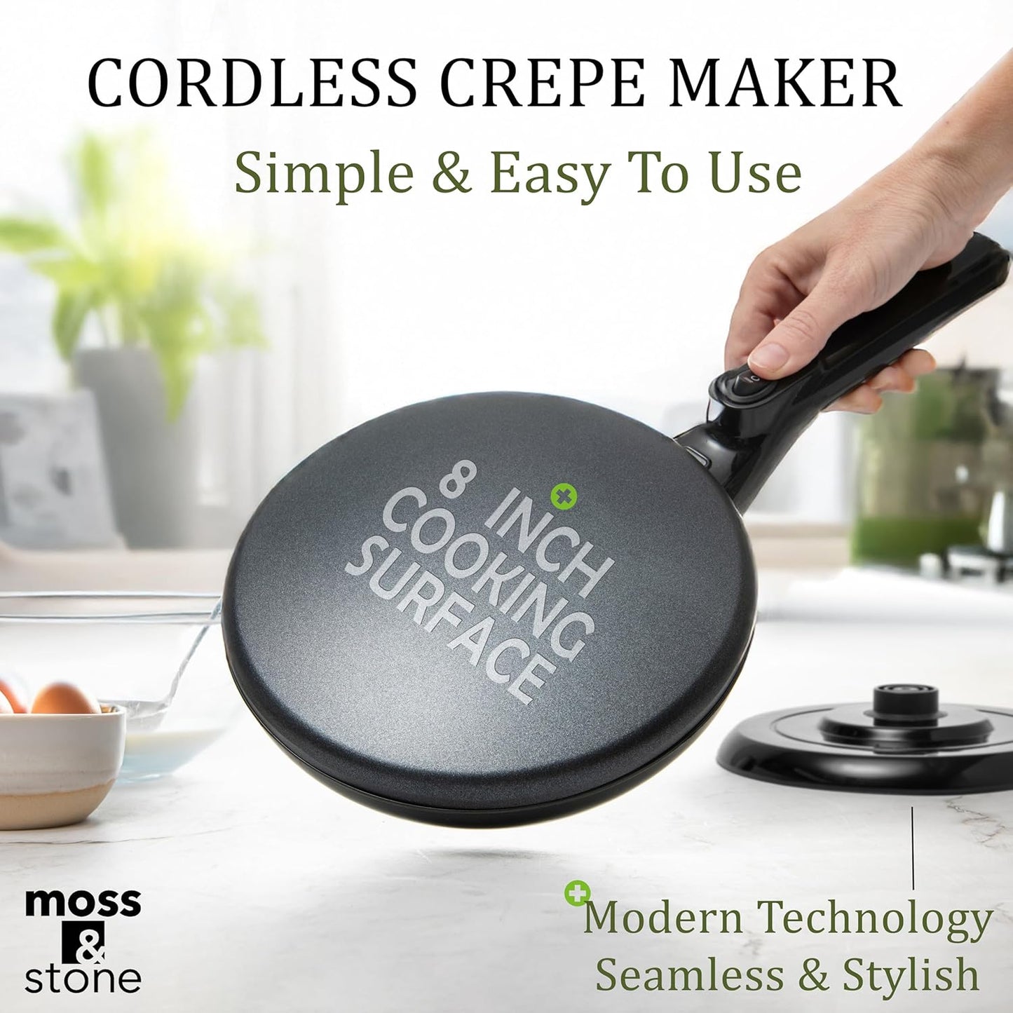 Moss & Stone Cordless Electric Crepe Maker With Auto Power Off, On/Off Switch & Dual Temperature Setting, 8 Inch Portable Crepe Maker & Non-Stick Dipping Plate, Nonstick Coating Pan Apo