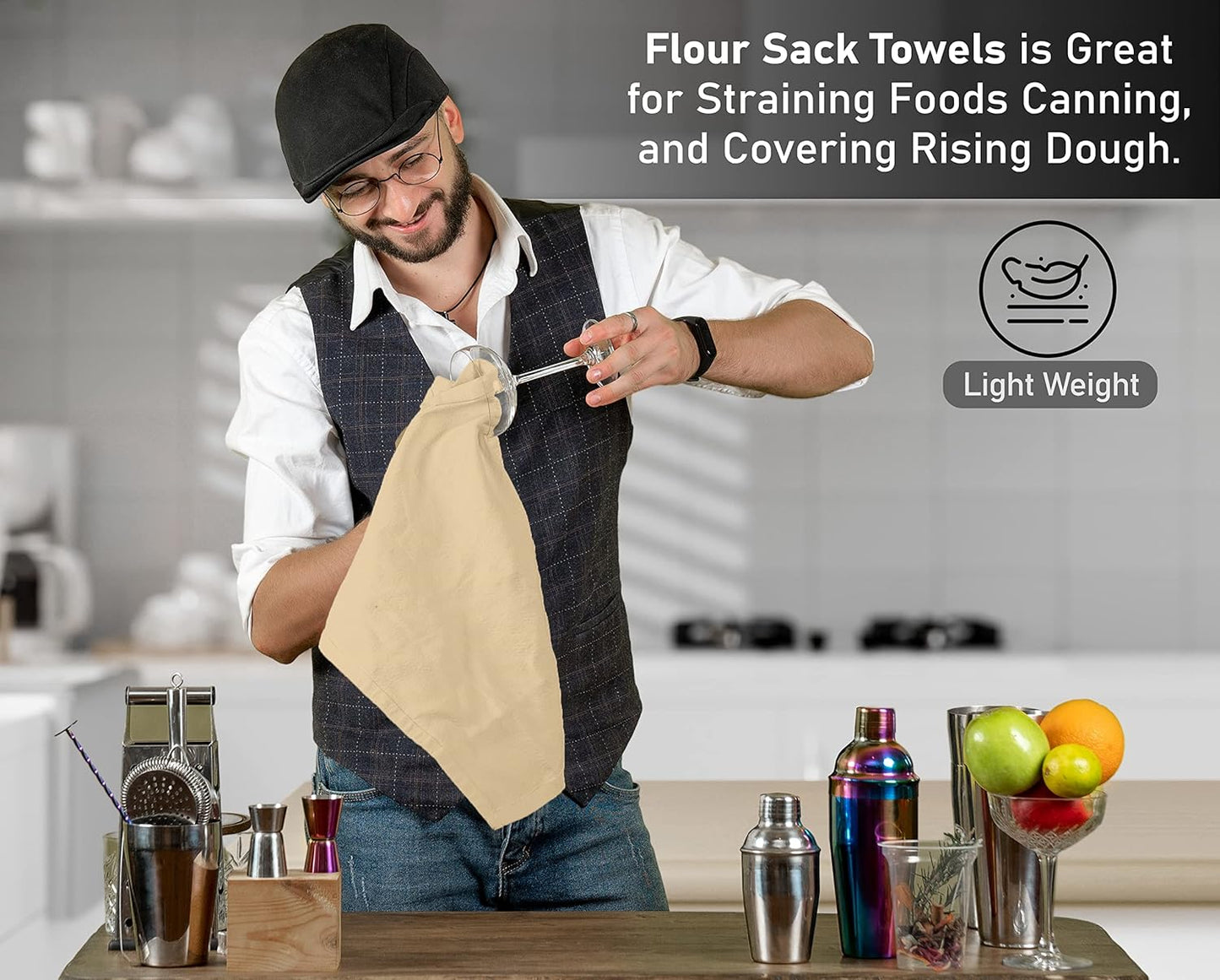 RUVANTI Flour Sack Towels 6 Pack 28x28 Inch, 100% Cotton Tea Towel, Reusable, Machine Washable, Absorbent BarTowels - Dish Cloth Perfect for Drying Dishes & Cleaning - Camel