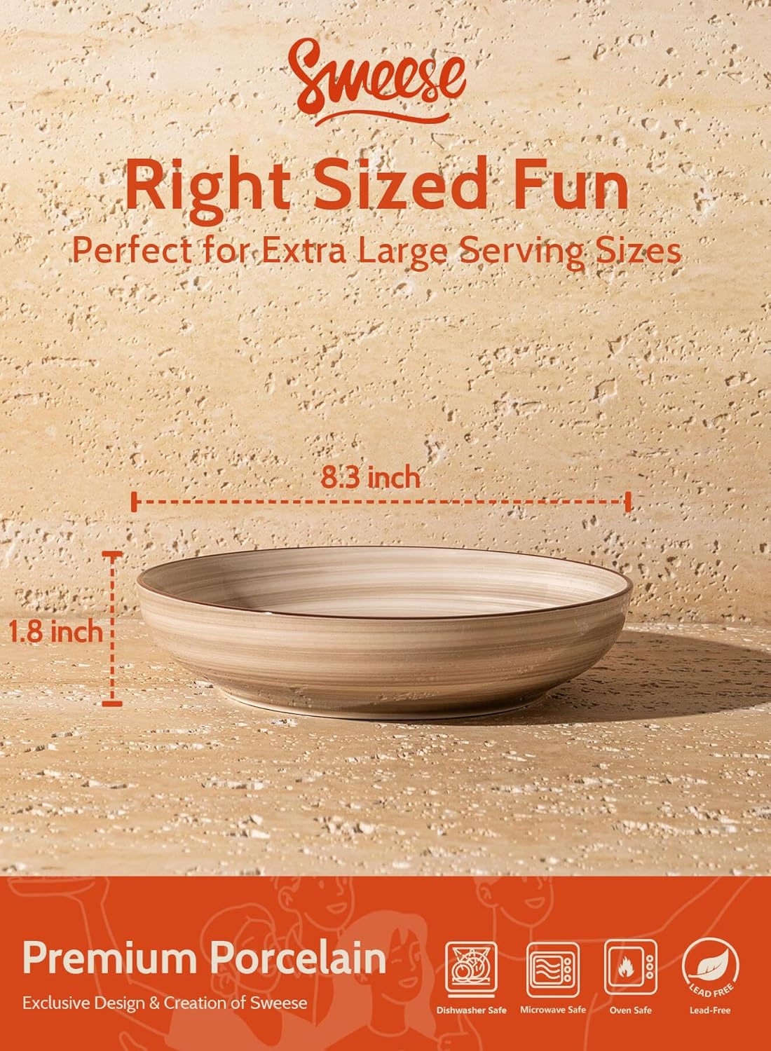 Sweese 6-Pack Ceramic Pasta Bowls, Neutral Extra Large 30 Fl Oz Durable Professional Grade