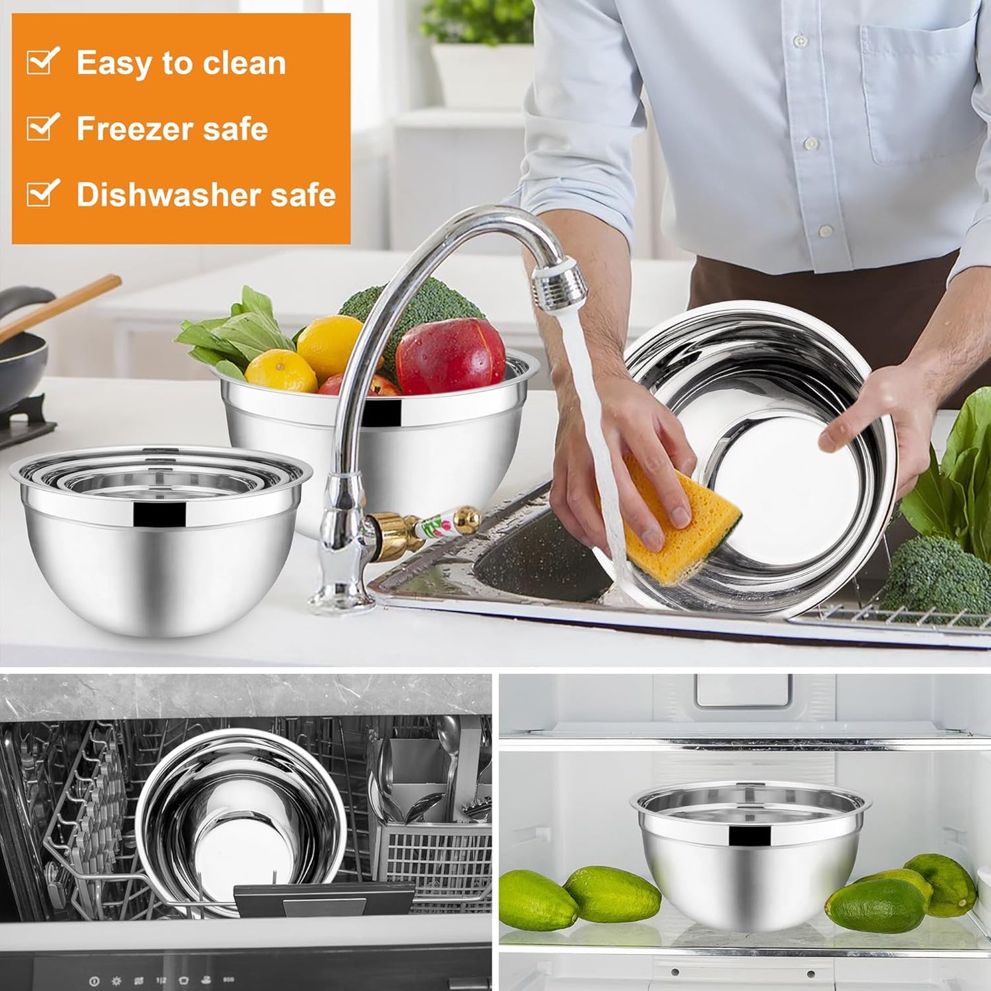 E-far Mixing Bowls with Lids, 12-Piece Stainless Steel Salad Bowls Metal Nesting Bowls for Baking Cooking and Prepping, Airtight Lids & Stackable Design, Size 7, 4.5, 3, 1.5, 1.2, 0.7 QT (Colorful)