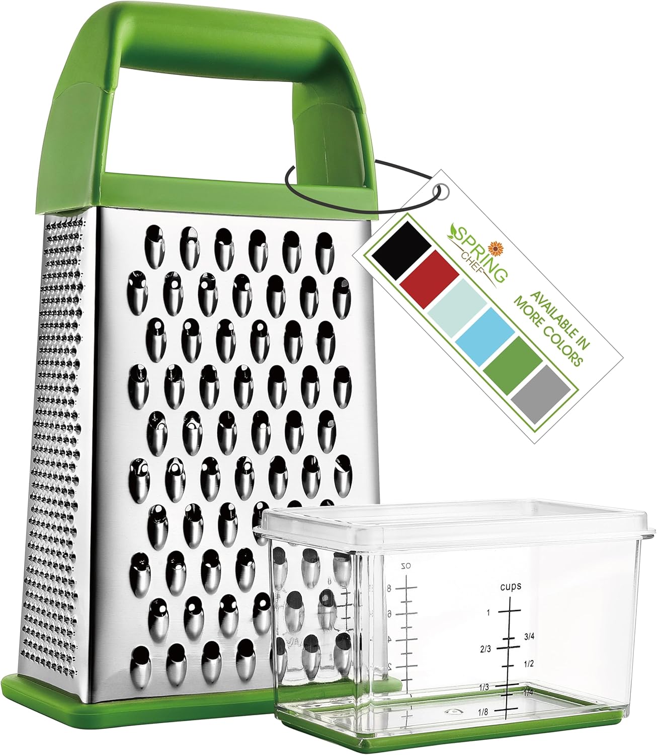 Spring Chef Professional Green 10" Parmesan Cheese Grater With Container, Stainless Steel Food Grater for Kitchen with Handle, 4 Sided Carrot Shredder, Handheld Vegetable & Cabbage Shredder