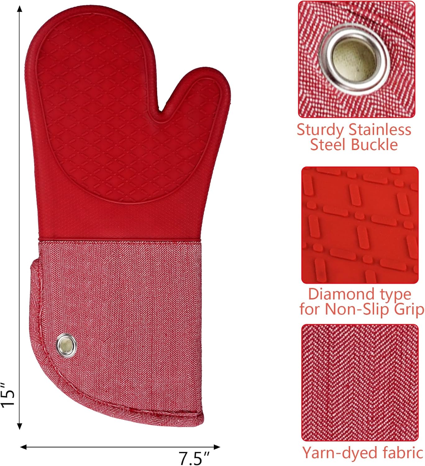 Professional Microwave Silicone Oven Mitts one Pair, Kitchen Mitten Set for Heat Resistant with 500 Degrees, Kitchen Gloves Pot Holder for BBQ Cooking Baking (Red)